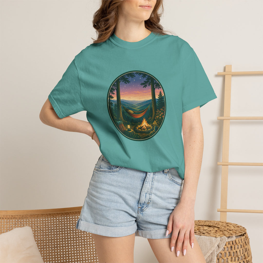 Hammock Camping Sunset T-Shirt — Bonfire Night Outdoor Graphic Tee