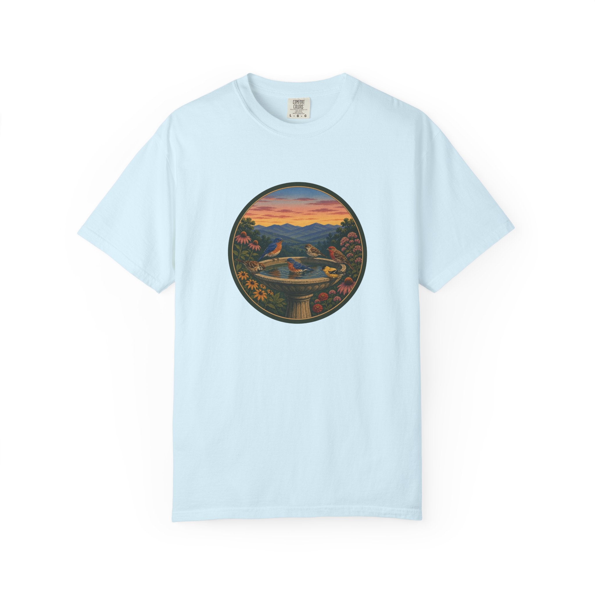 Sunset Garden Tee — Vintage Birdbath Landscape T-Shirt