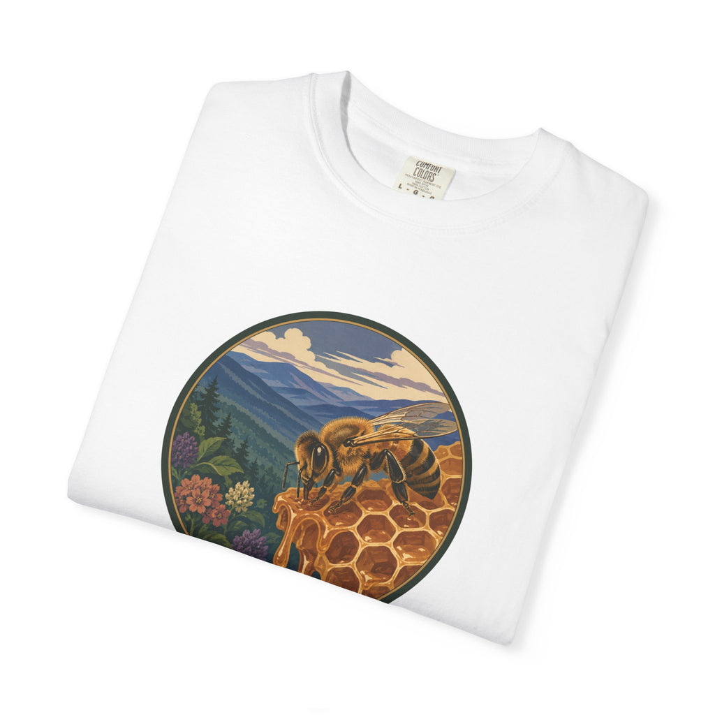 Honey Bee & Mountains Graphic T-Shirt — Honeycomb Nature Illustration