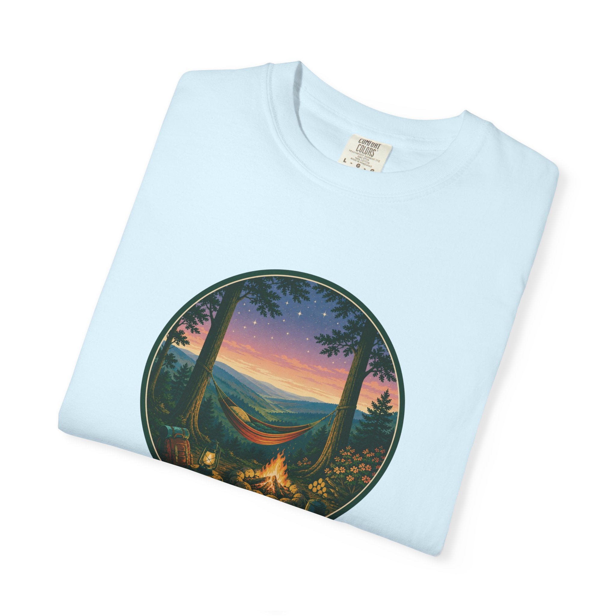 Hammock Camping Sunset T-Shirt — Bonfire Night Outdoor Graphic Tee