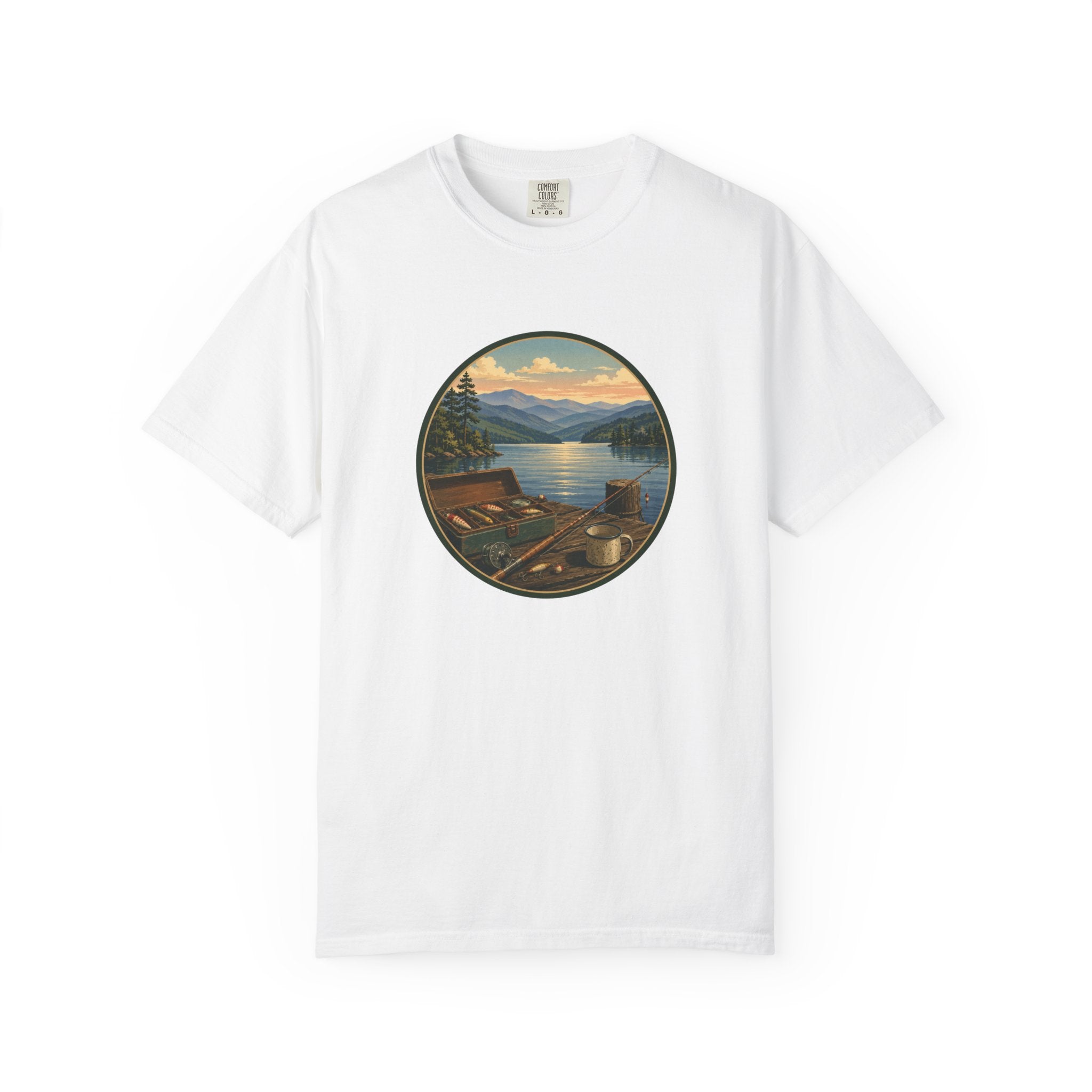 Vintage Fishing Tackle T-Shirt — Mountain View Dock Scene Tee