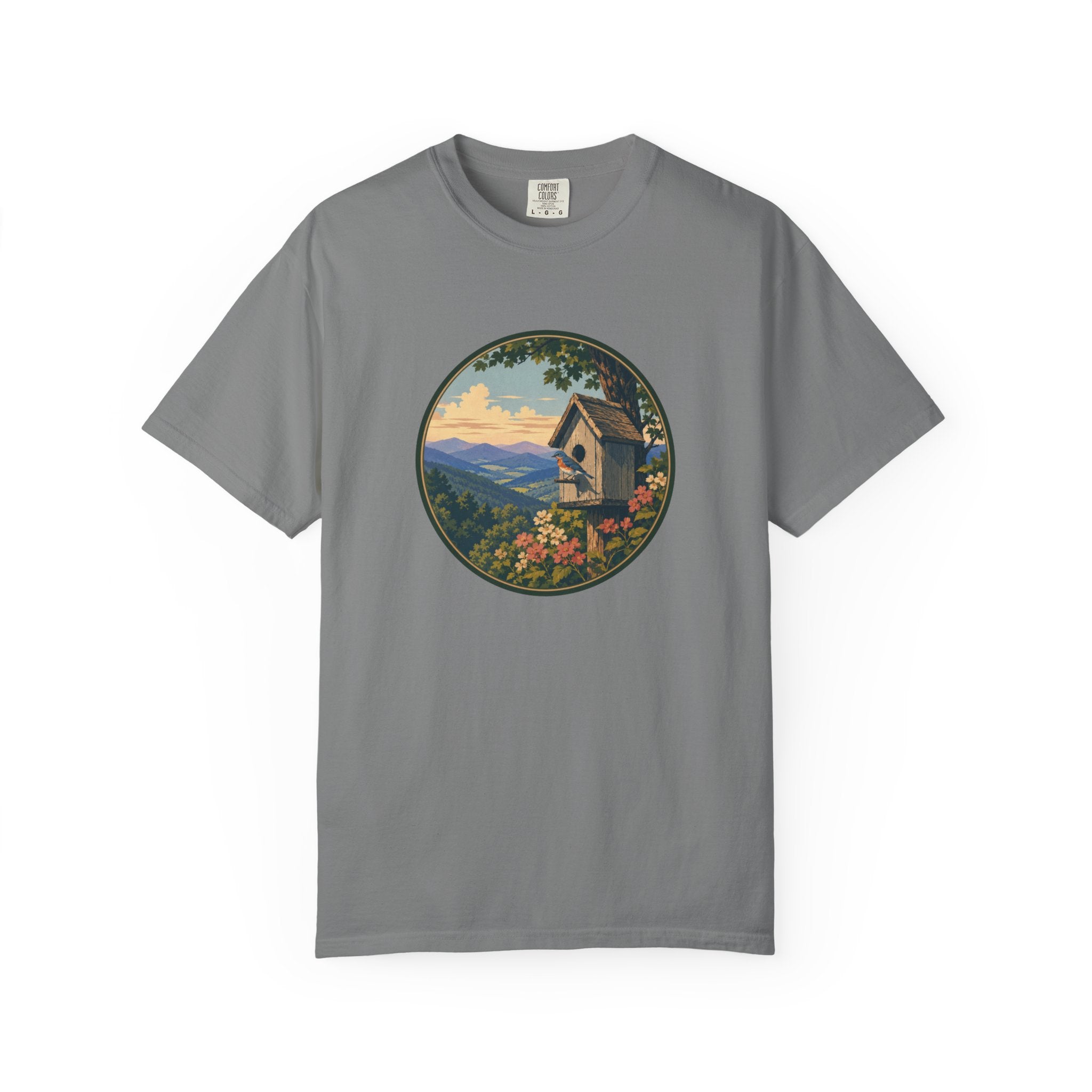Scenic Birdhouse Tee — Mountain Sunrise Nature T-Shirt