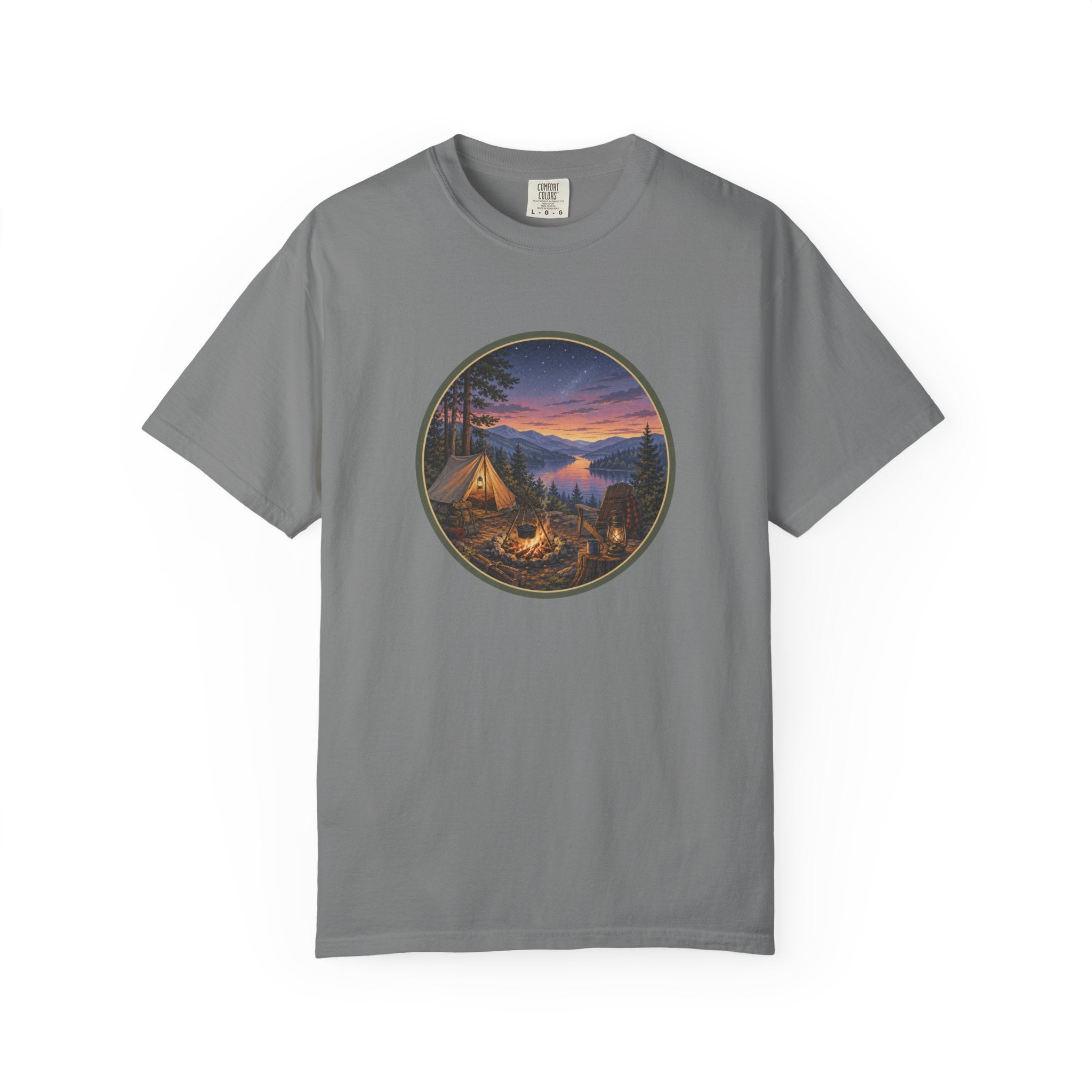 Camping Sunset T-Shirt — Riverside Campfire Night Scene