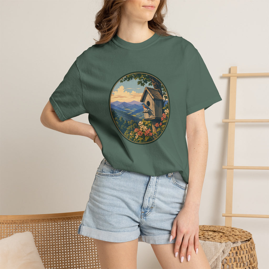 Scenic Birdhouse Tee — Mountain Sunrise Nature T-Shirt