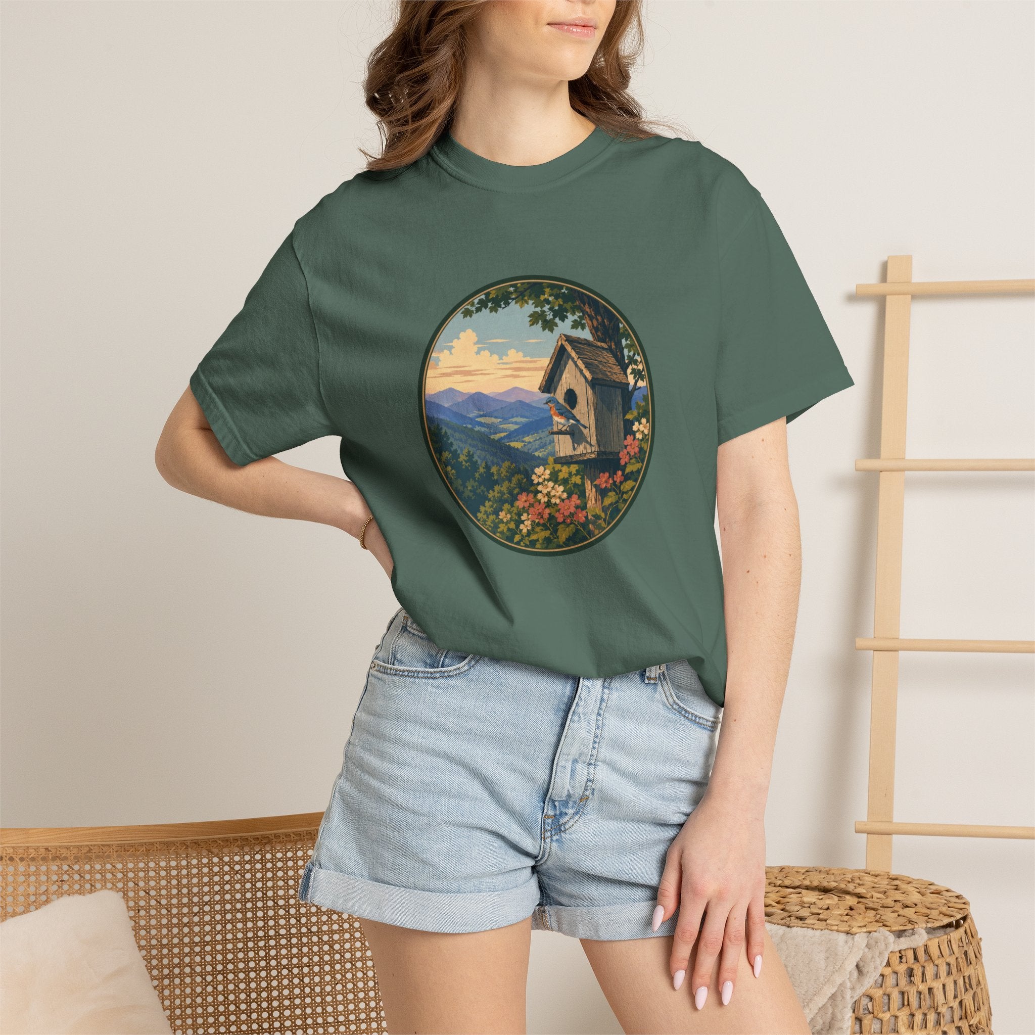 Scenic Birdhouse Tee — Mountain Sunrise Nature T-Shirt