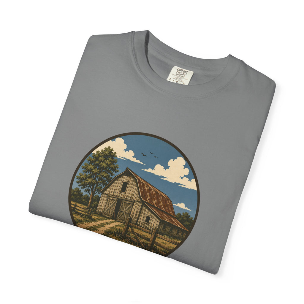 Barn Scene T-Shirt — Rustic Farmhouse Circle Graphic Tee
