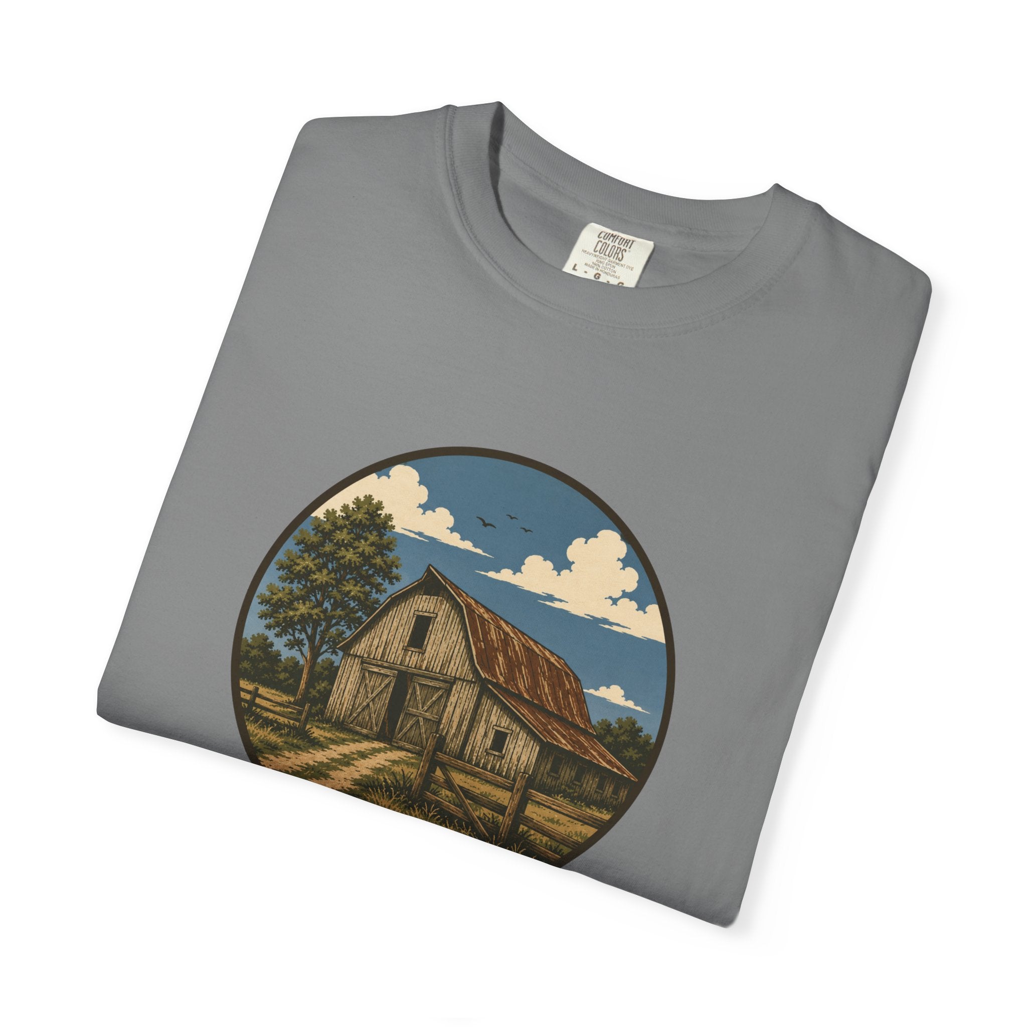 Barn Scene T-Shirt — Rustic Farmhouse Circle Graphic Tee