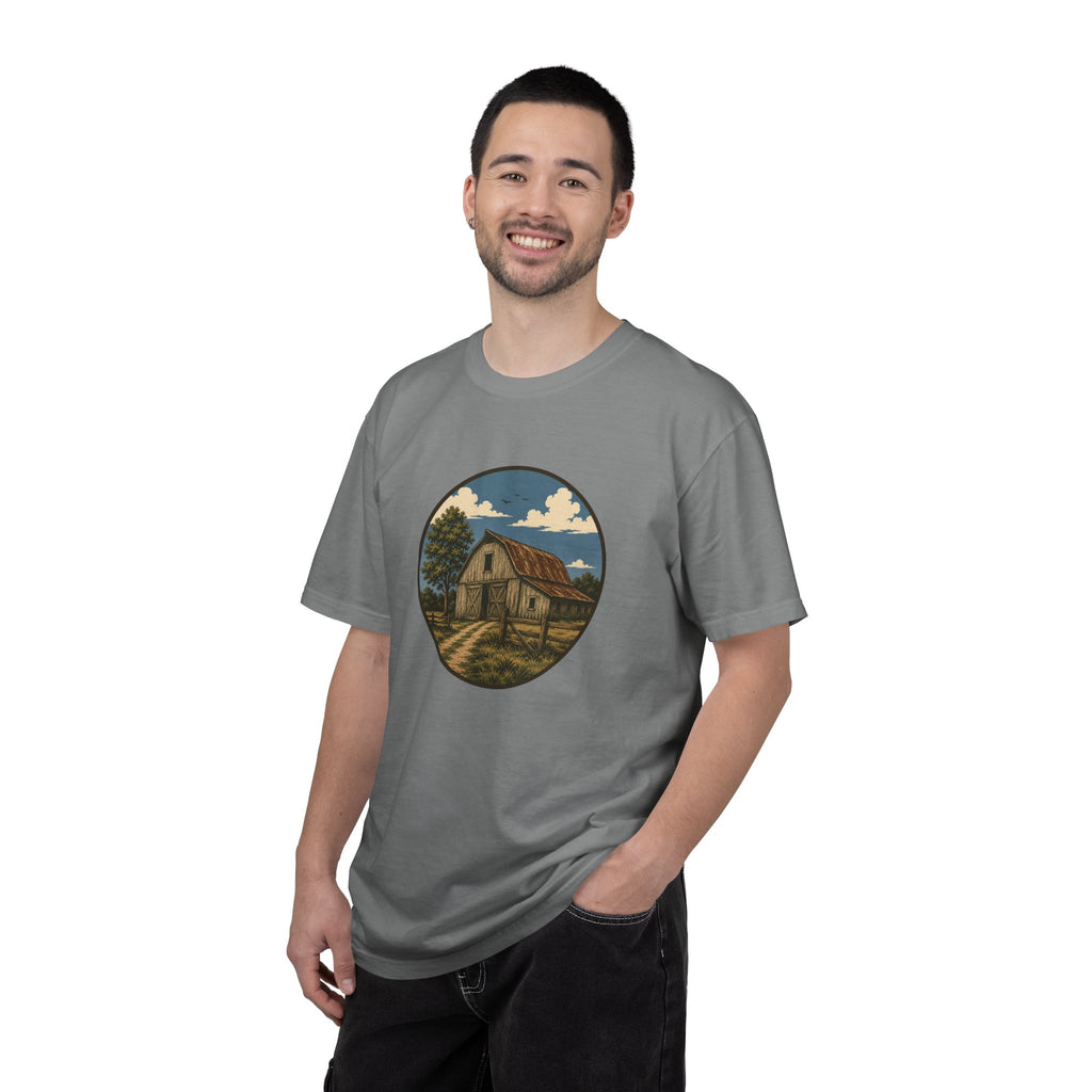 Barn Scene T-Shirt — Rustic Farmhouse Circle Graphic Tee