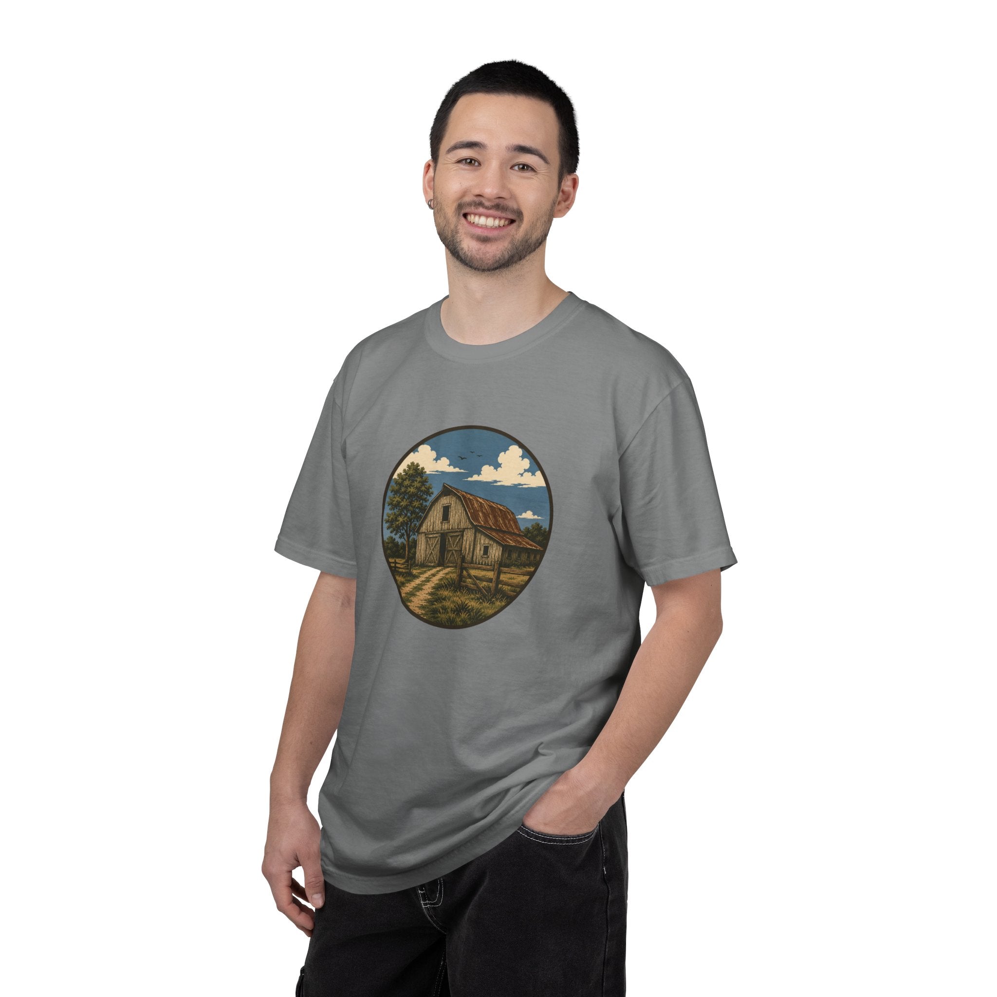 Barn Scene T-Shirt — Rustic Farmhouse Circle Graphic Tee