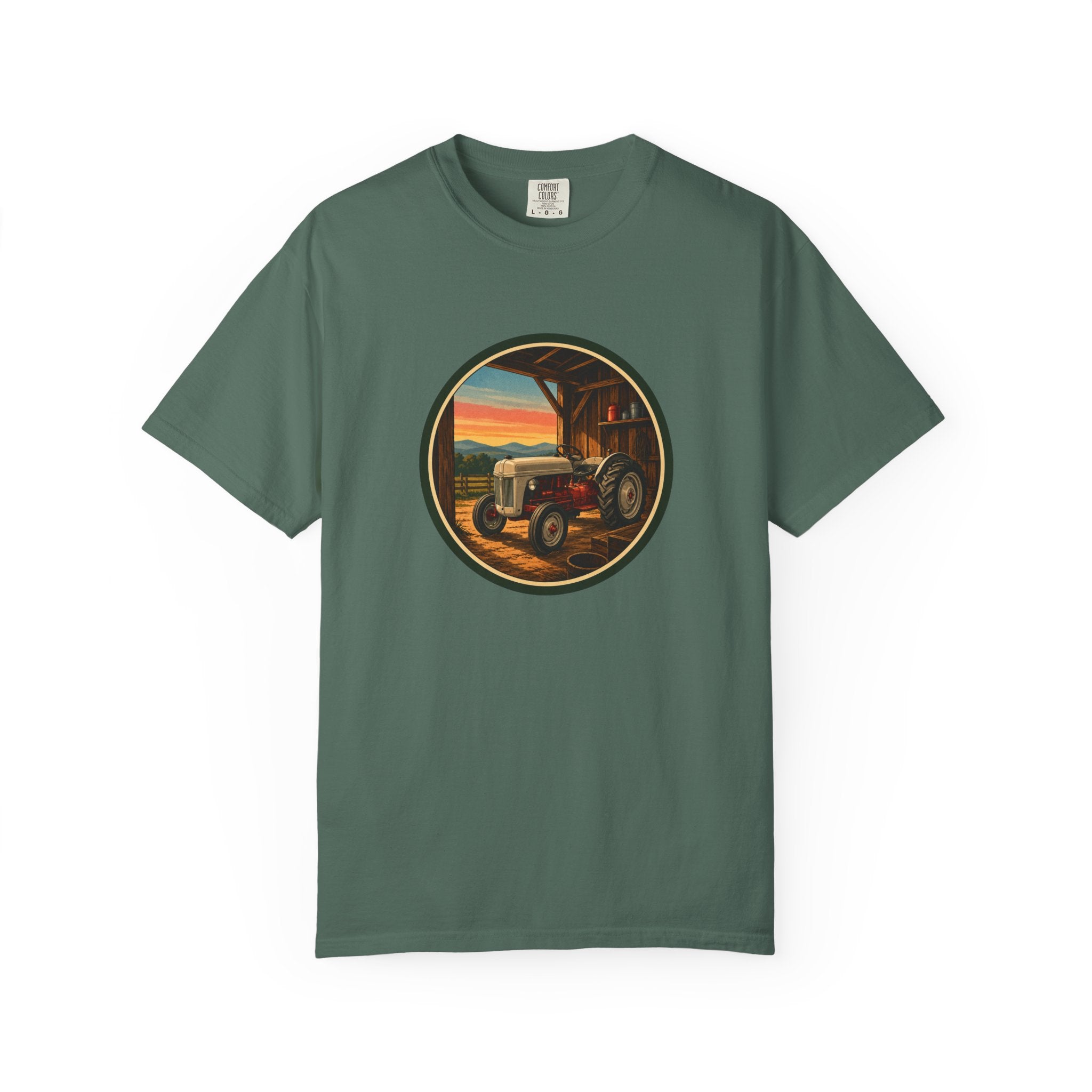 Vintage Tractor Circle T-Shirt — Rustic Farmstead Sunset Tee