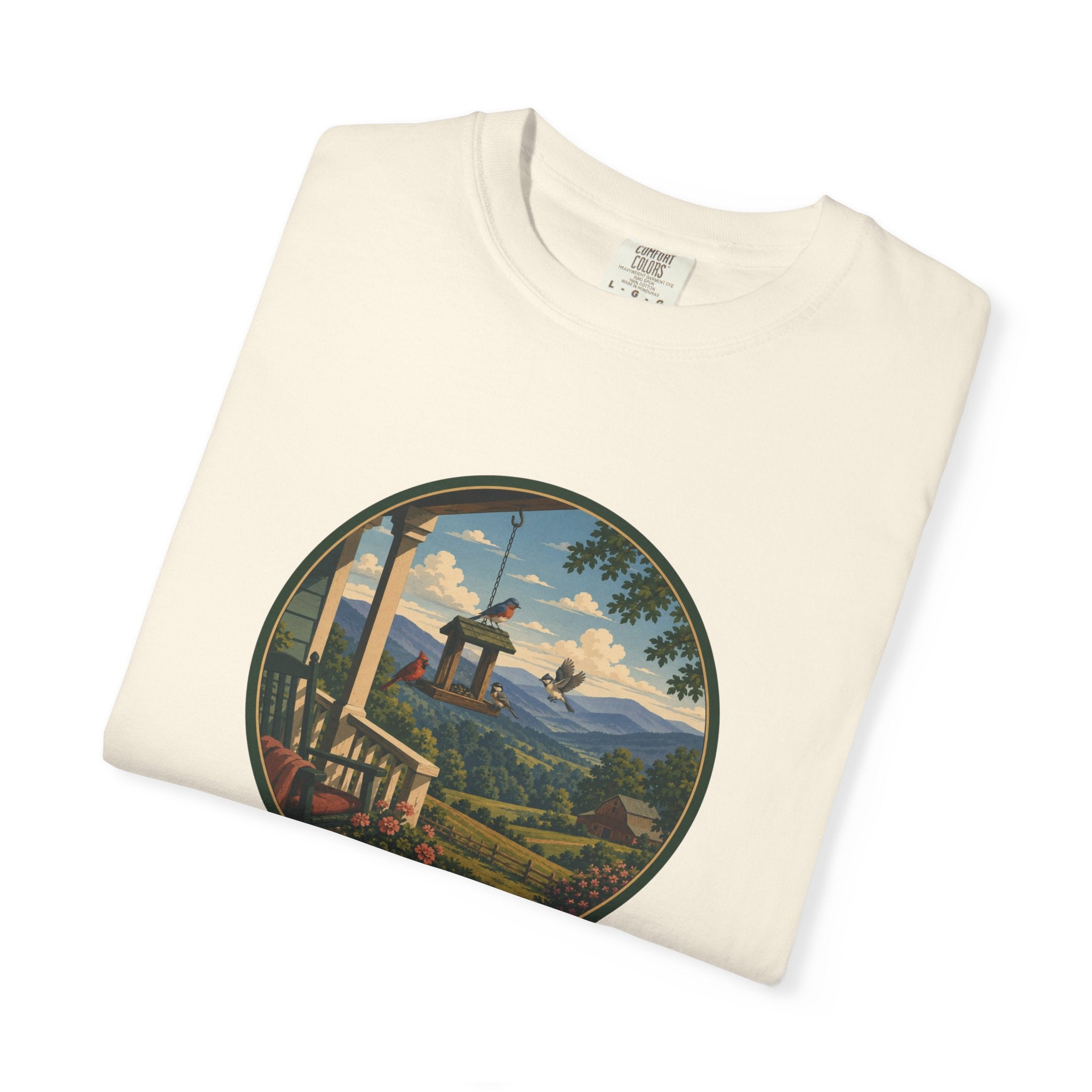 Scenic Porchview T-Shirt — Vintage Mountain Landscape Print