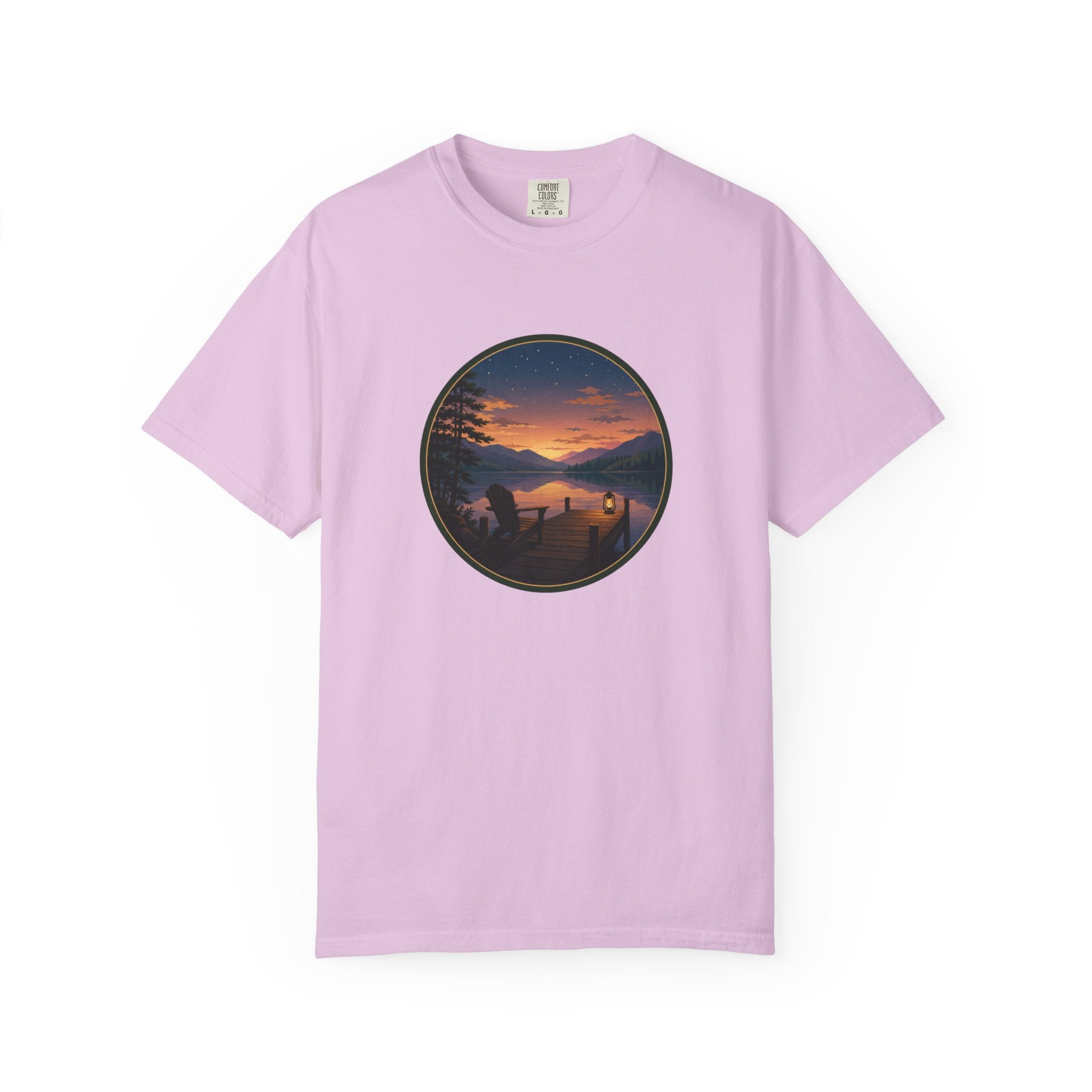 Sunset Lake Camping T-Shirt — Scenic Mountain Lantern Graphic