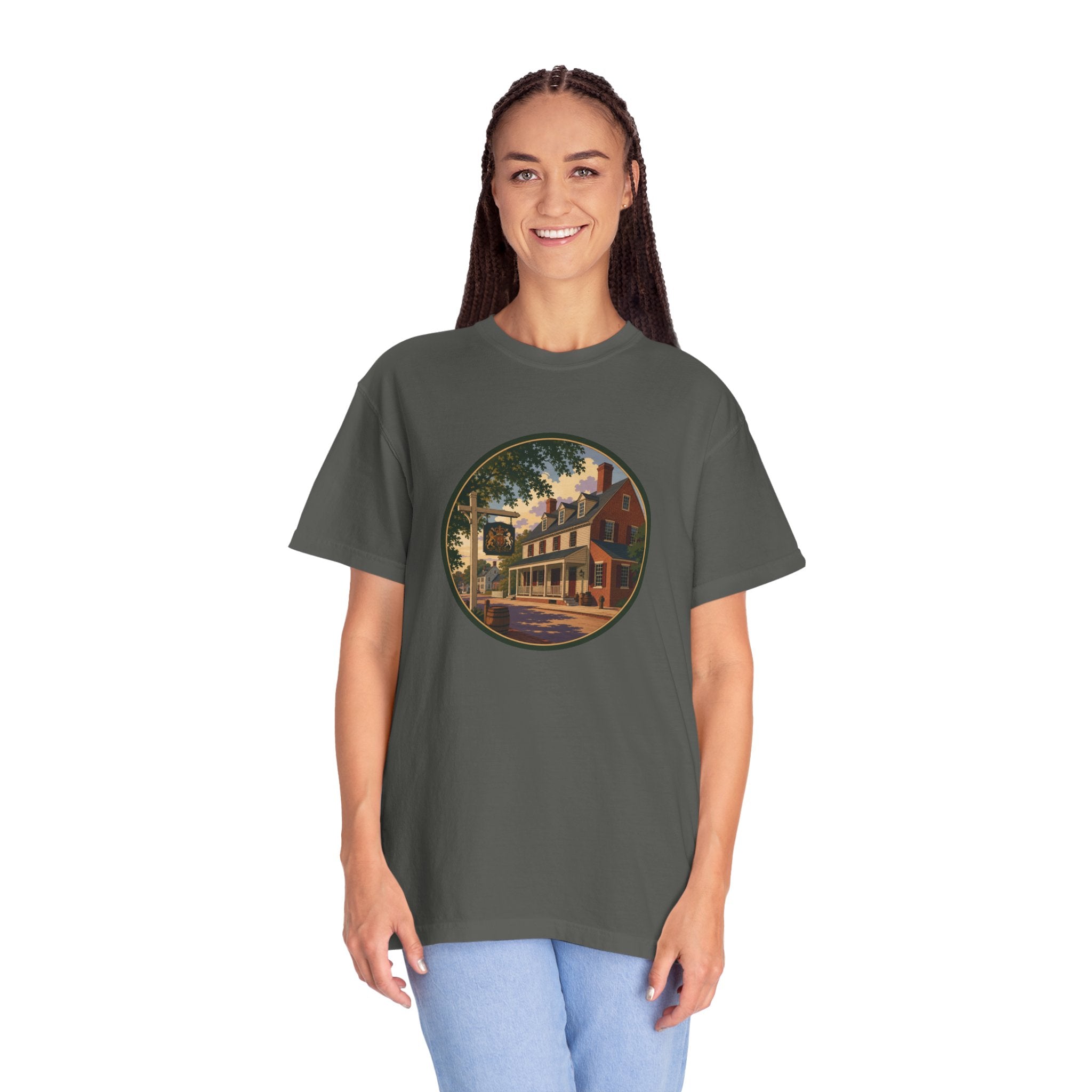 Historic Main Street Tavern T-Shirt — Colonial Village Scene Tee
