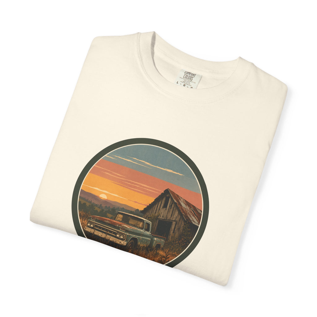Vintage Sunset Barn T-Shirt — Retro Truck Farm Scene