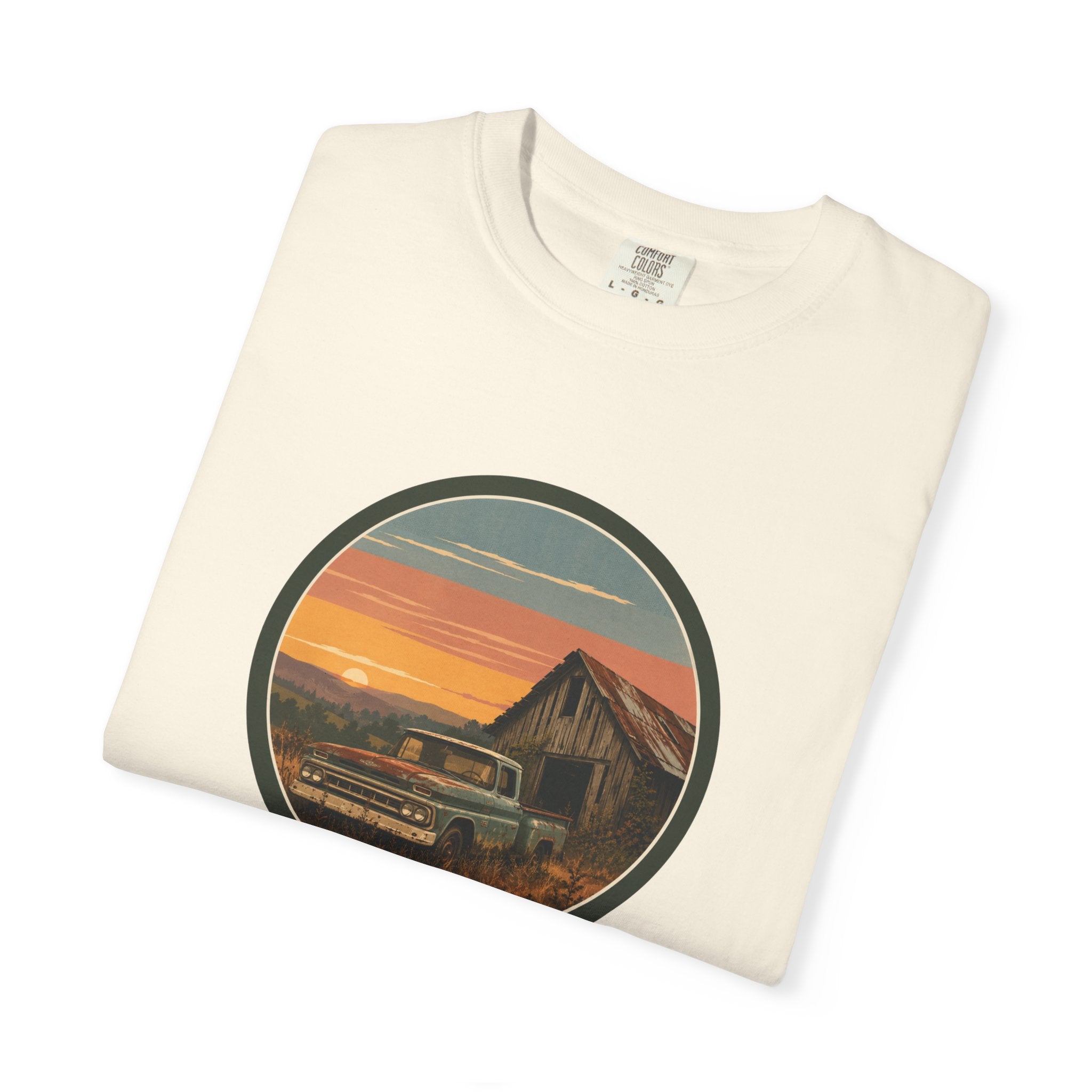 Vintage Sunset Barn T-Shirt — Retro Truck Farm Scene