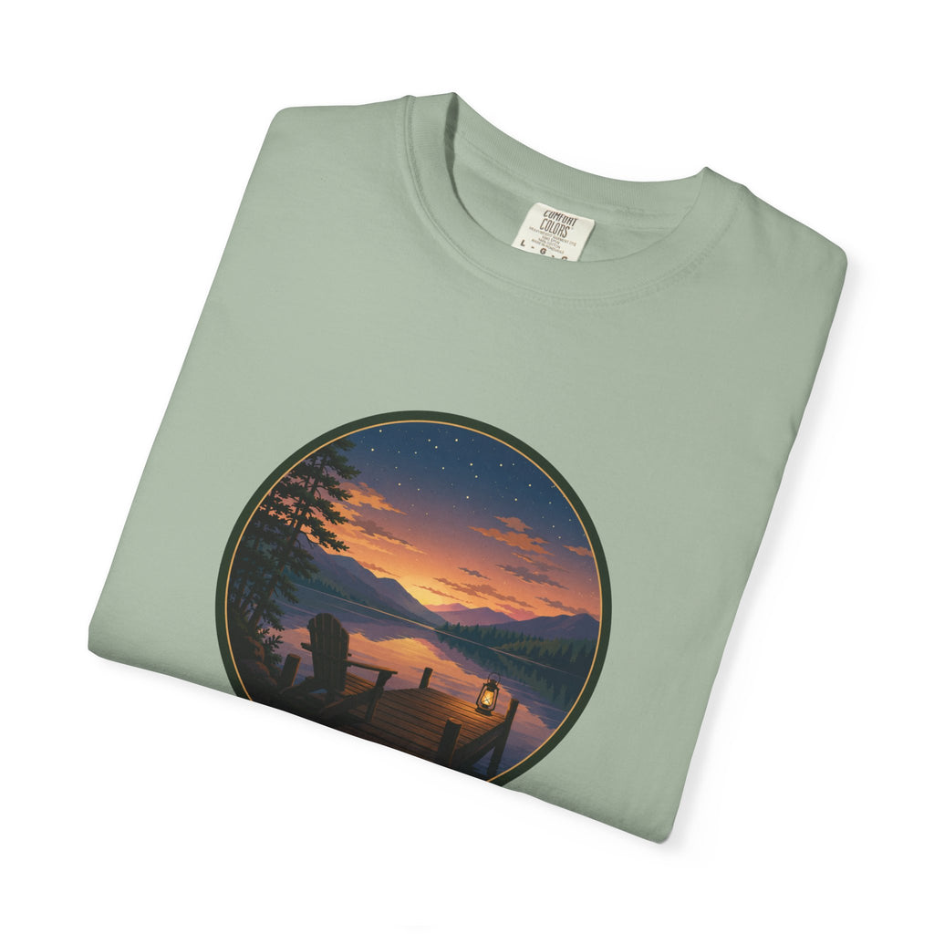Sunset Lake Camping T-Shirt — Scenic Mountain Lantern Graphic