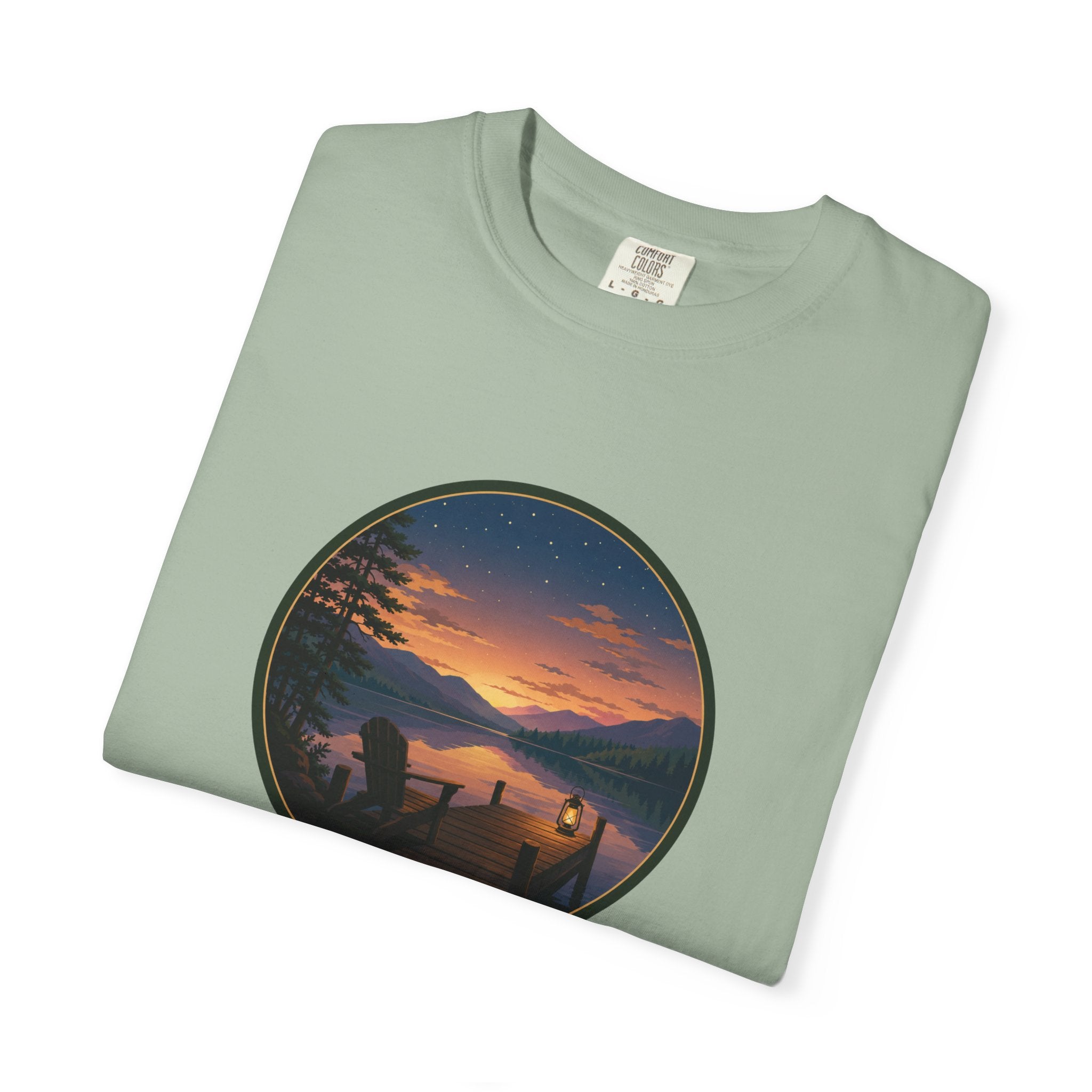 Sunset Lake Camping T-Shirt — Scenic Mountain Lantern Graphic