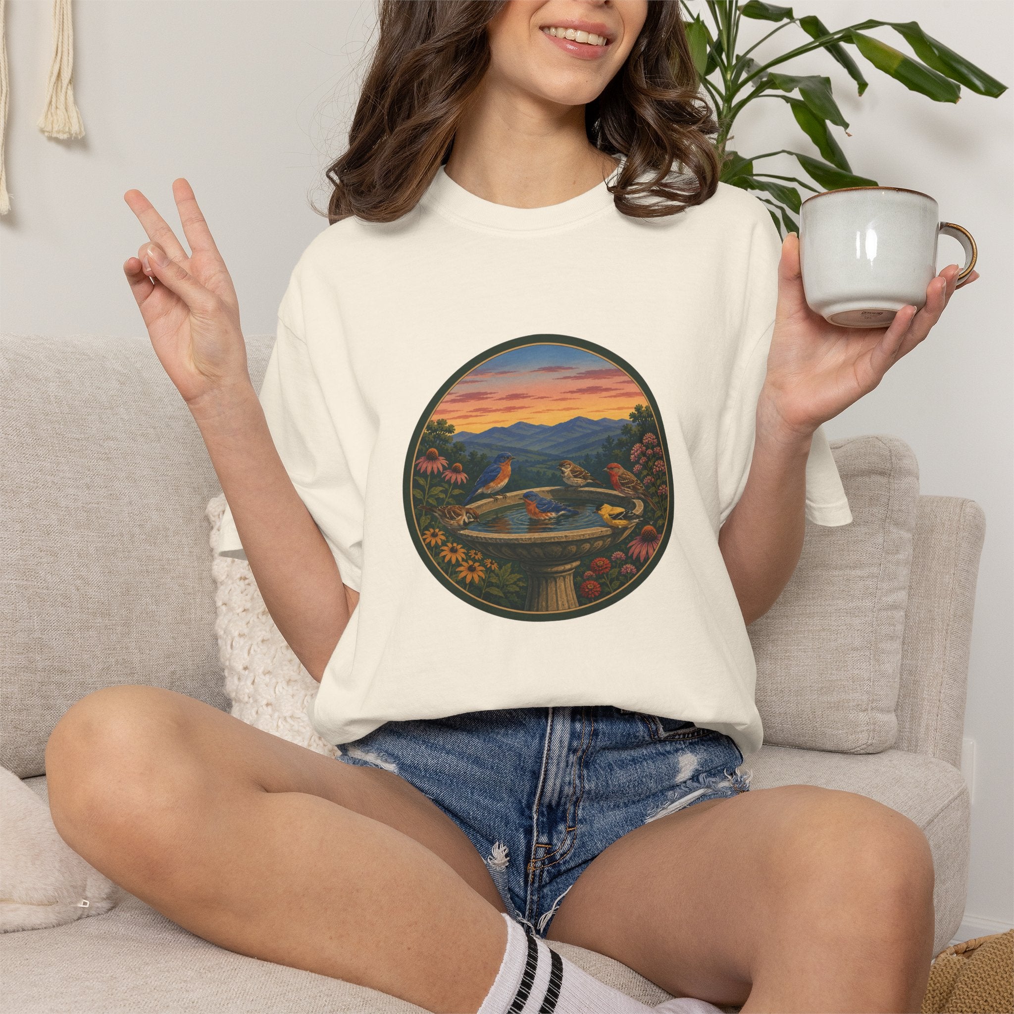 Sunset Garden Tee — Vintage Birdbath Landscape T-Shirt