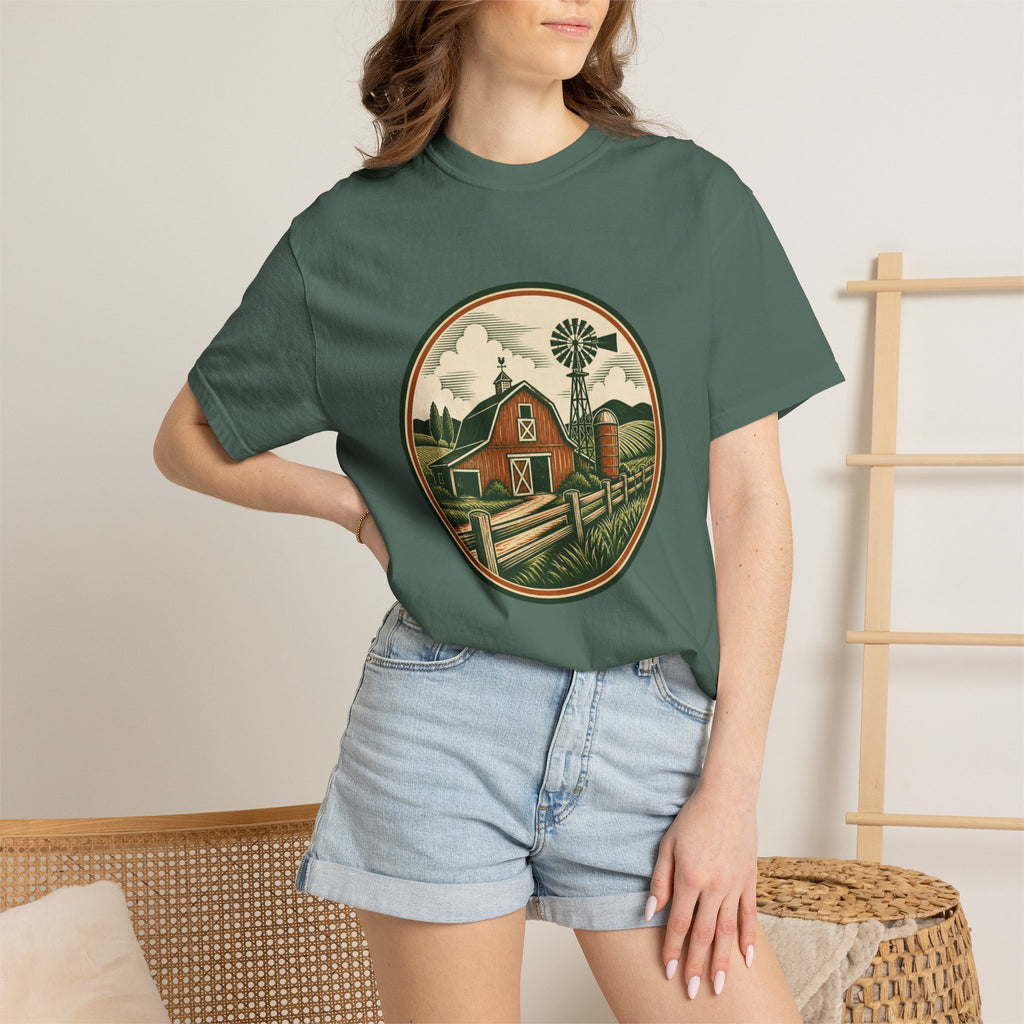 Barn & Windmill Farm T-Shirt — Vintage Rural Landscape Tee