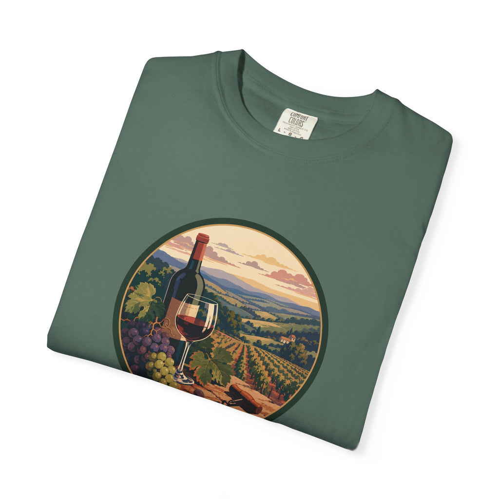 Wine Country Scenic T-Shirt – Vineyard Bottle & Sunset Graphic