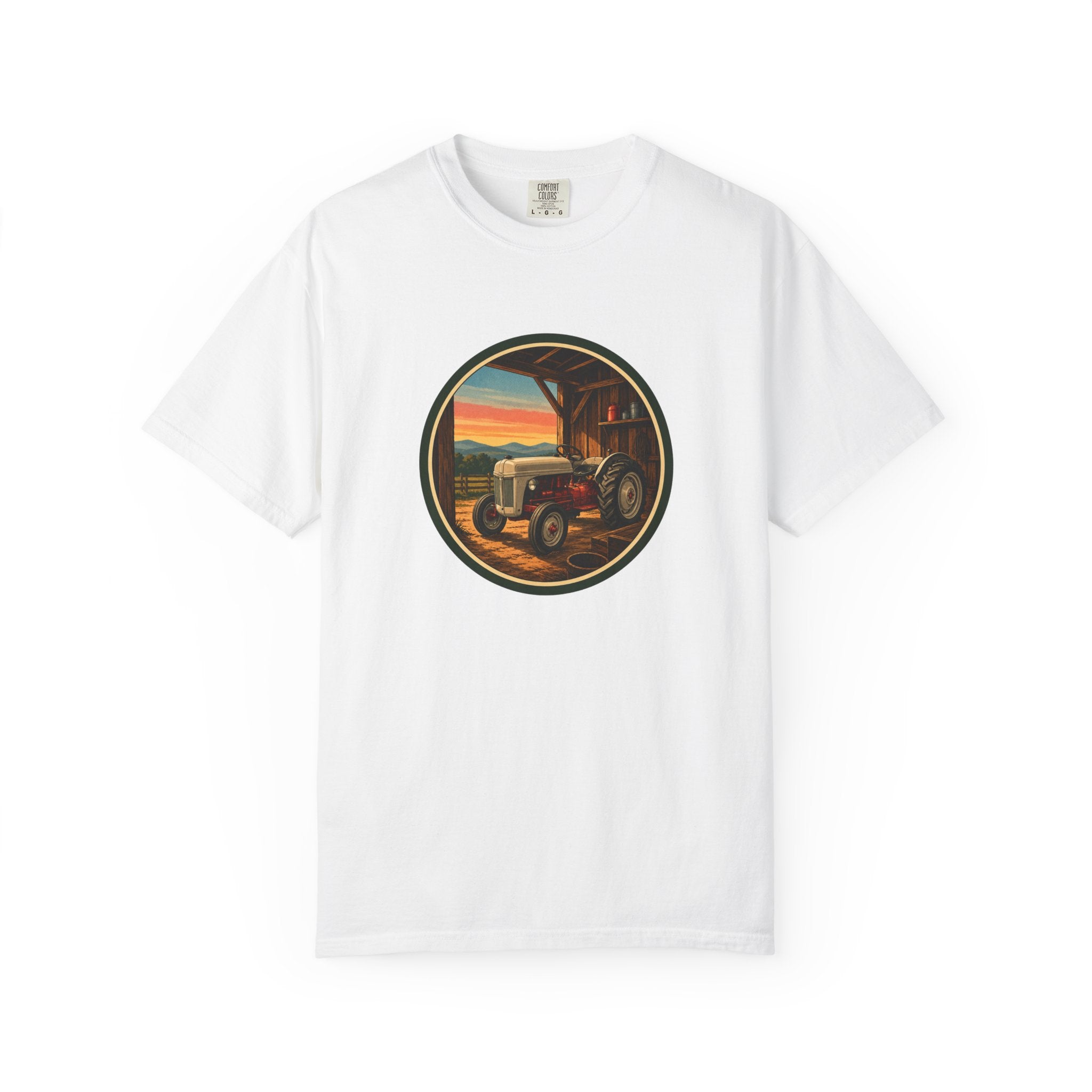 Vintage Tractor Circle T-Shirt — Rustic Farmstead Sunset Tee