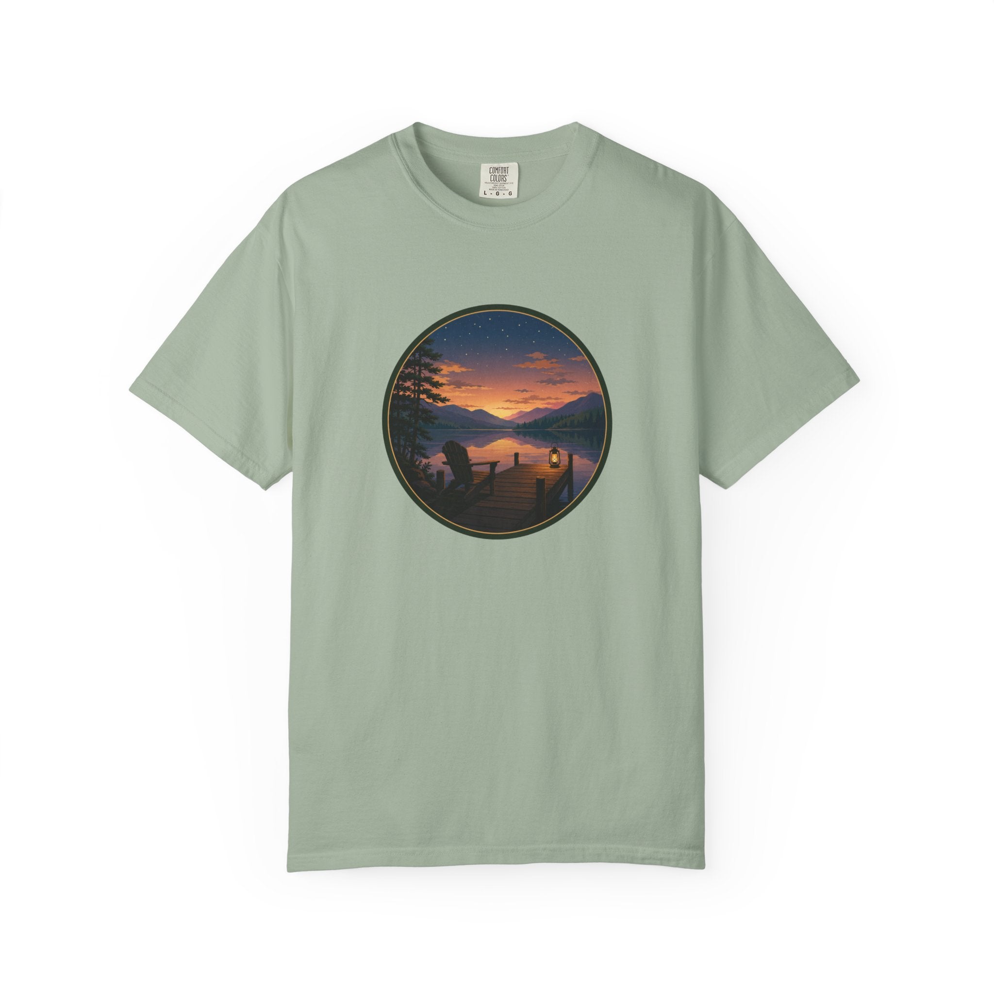 Sunset Lake Camping T-Shirt — Scenic Mountain Lantern Graphic