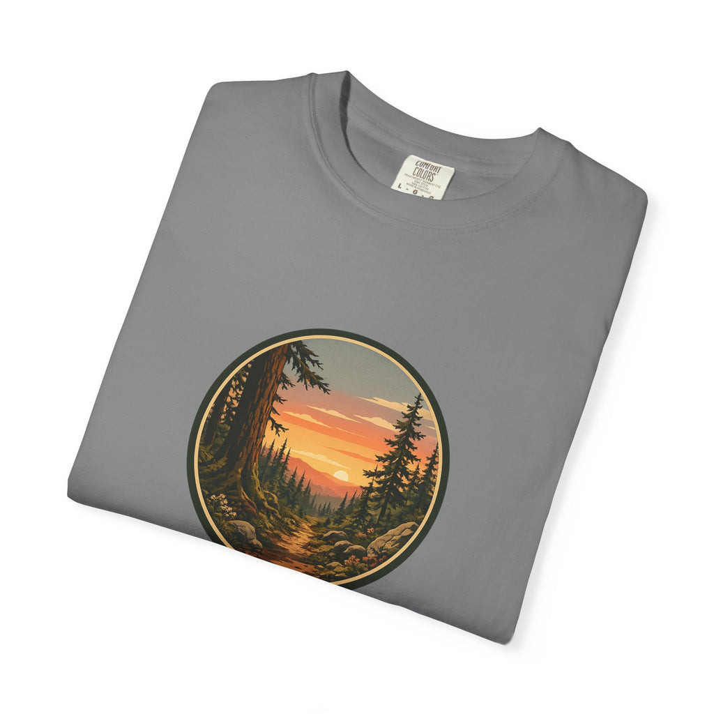 Sunset Hiking Trail Circle T-Shirt — Scenic Mountain Trail Tee