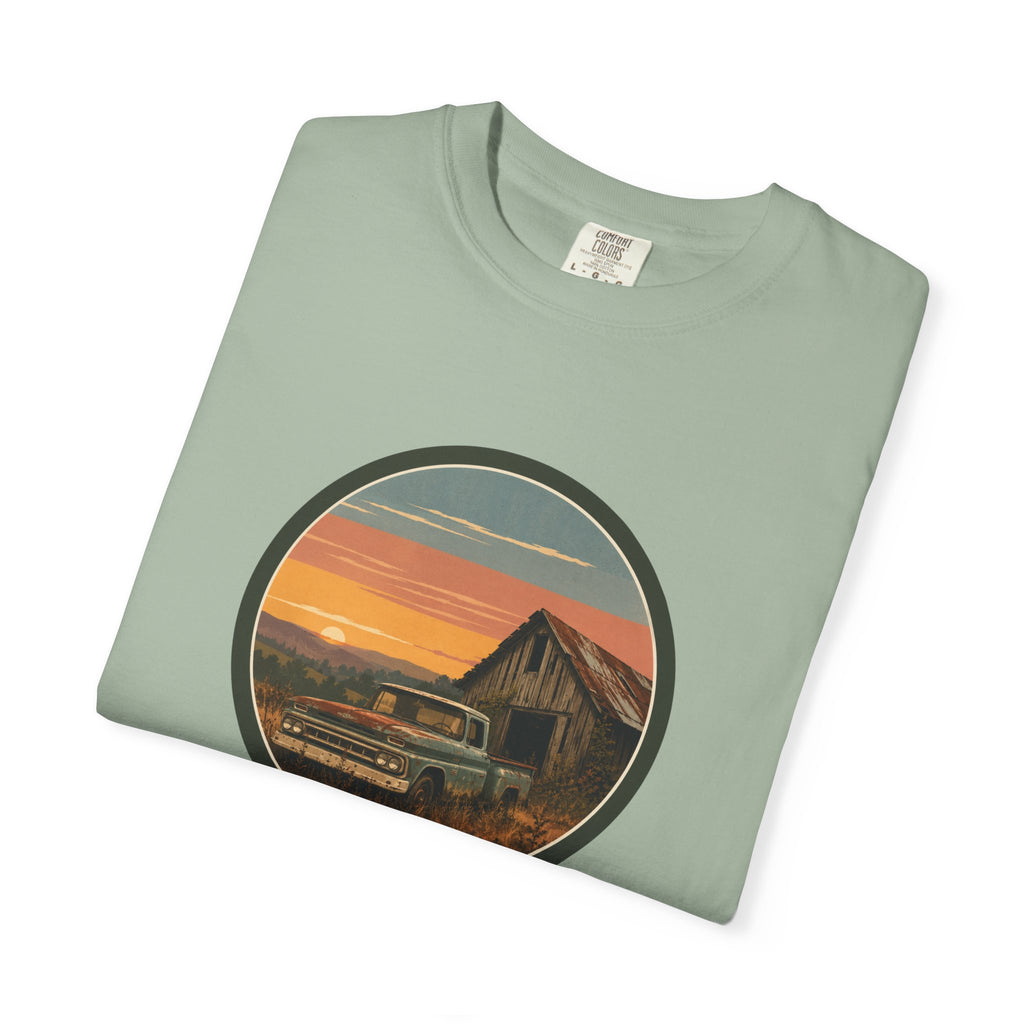 Vintage Sunset Barn T-Shirt — Retro Truck Farm Scene