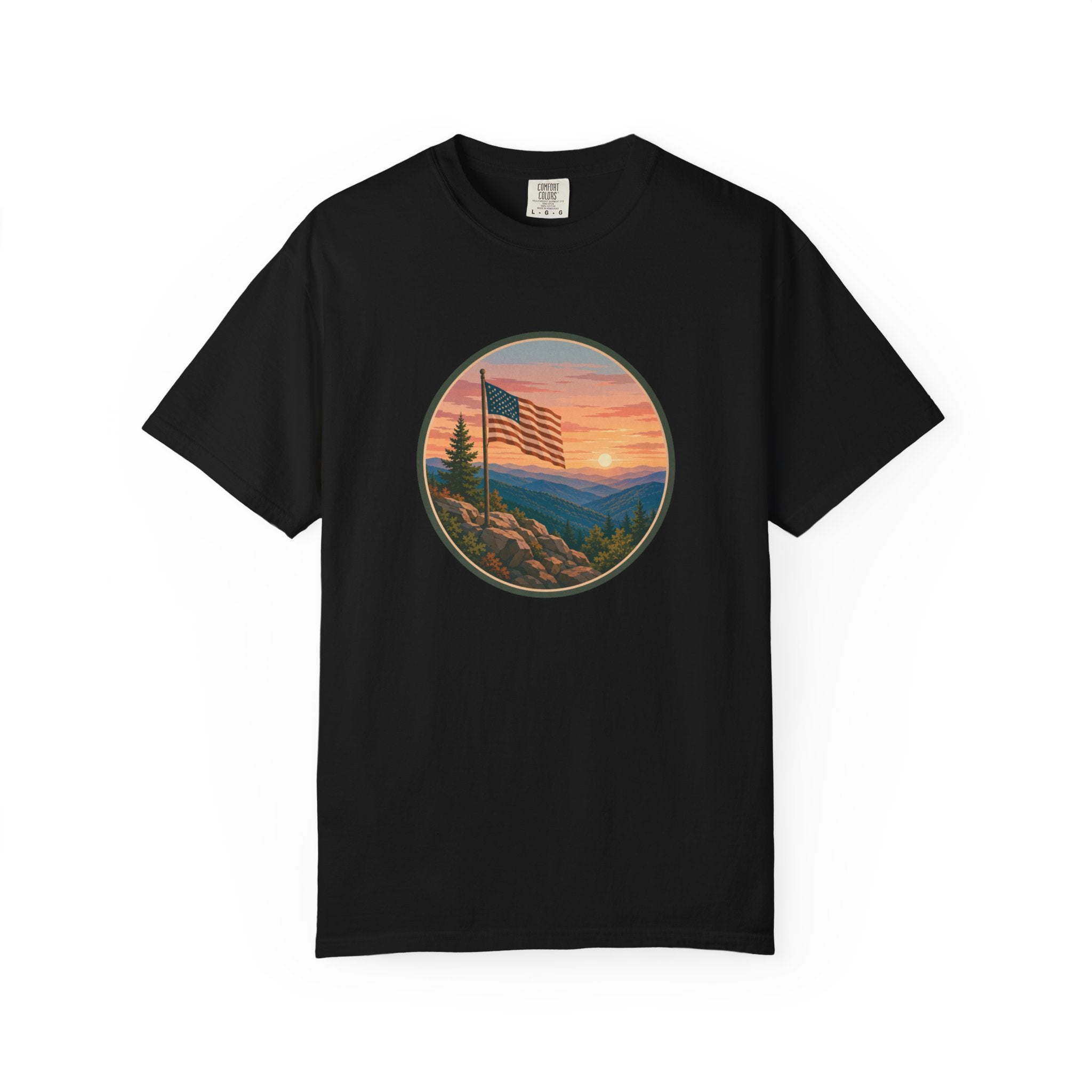 Flag Over Blue Ridge Mountains T-Shirt — Scenic Sunset American Flag Graphic Tee