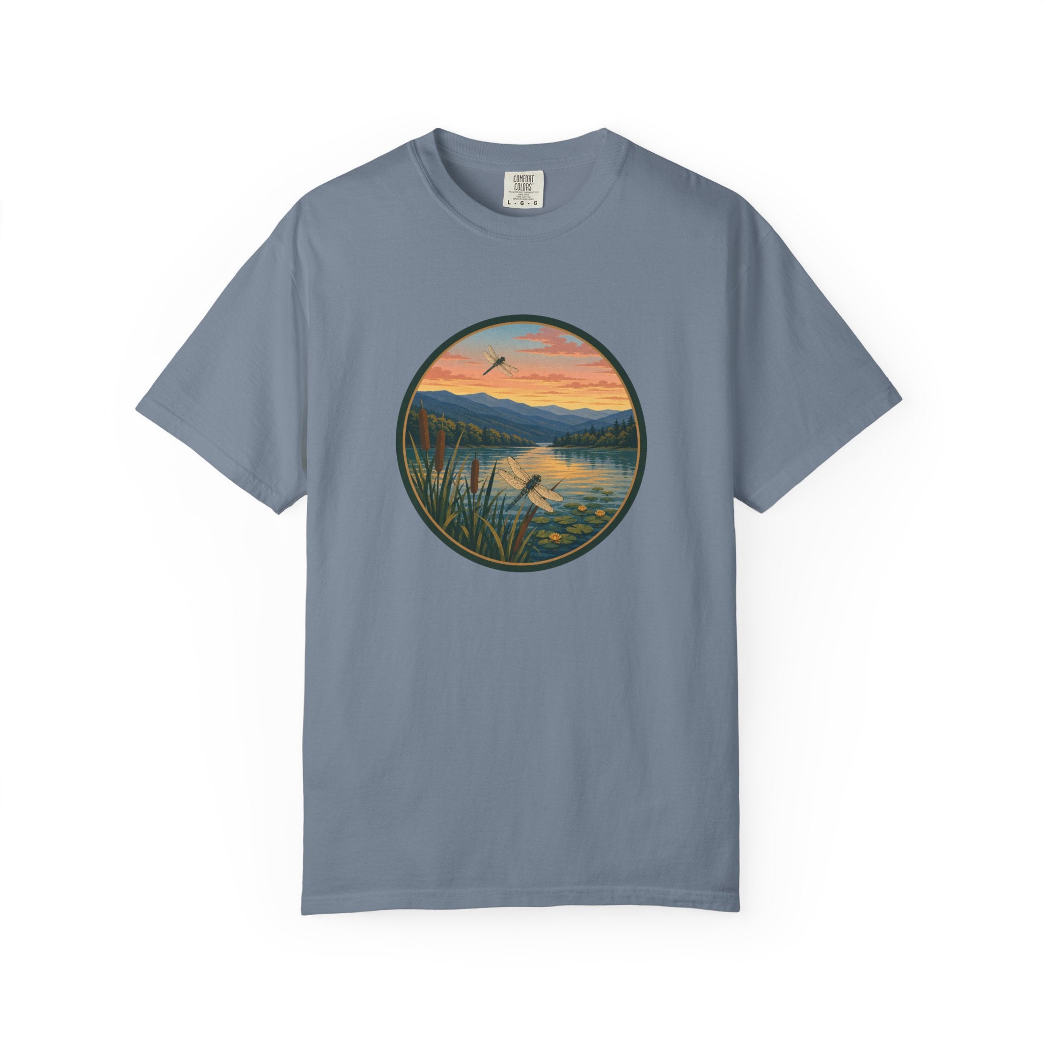 Dragonfly Sunset Lake Scene T-Shirt — Scenic Mountain Nature Tee