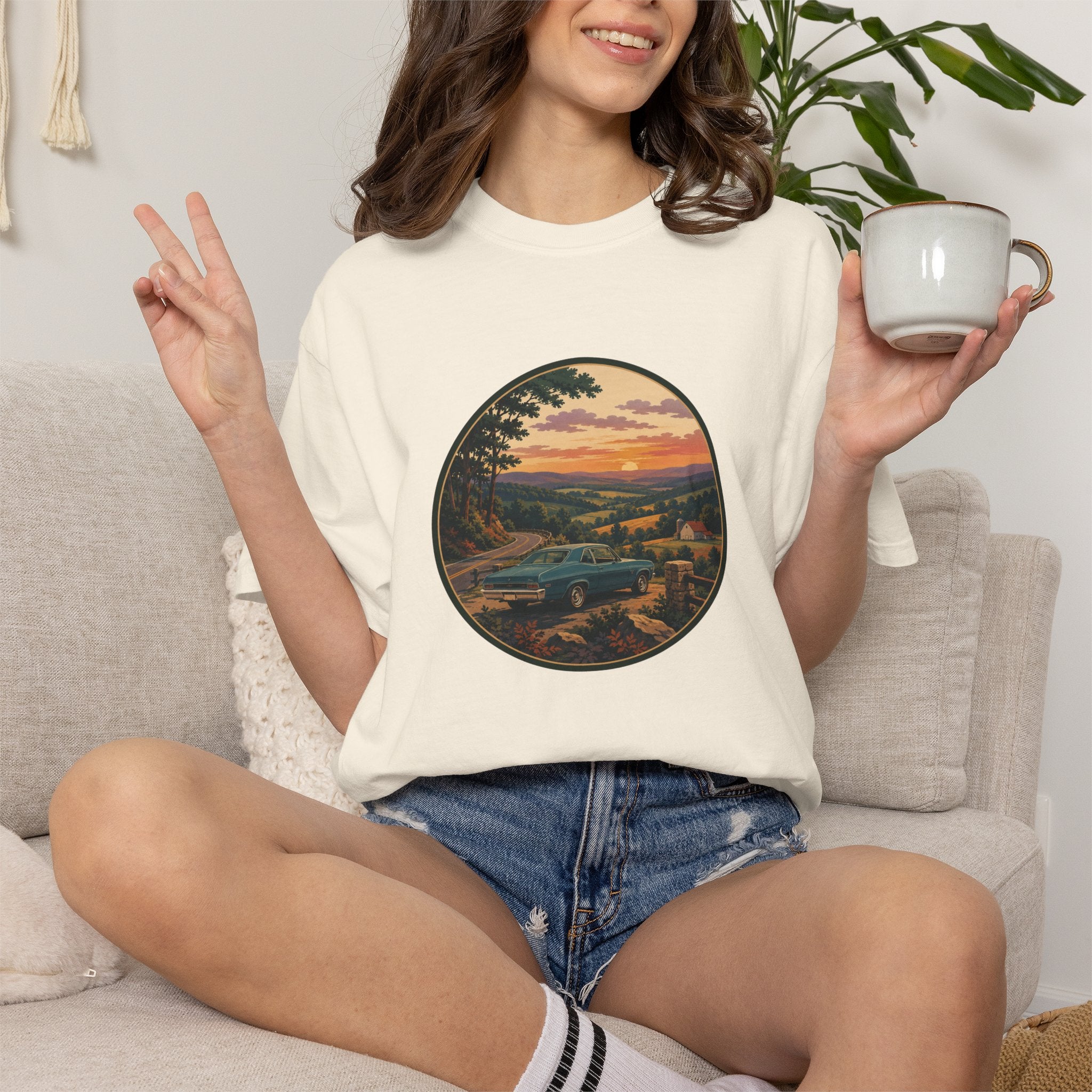 Sunset Valley Classic Car Landscape T-Shirt