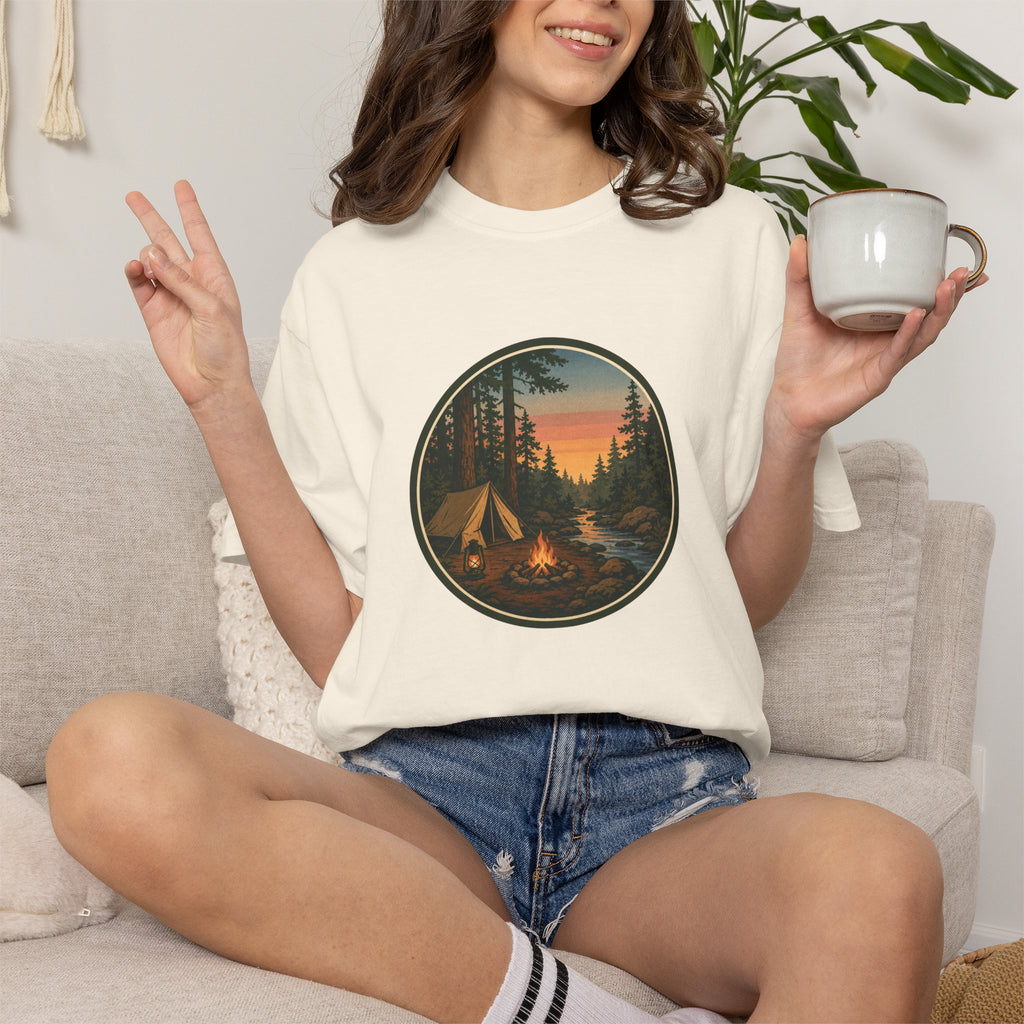 Camping Sunset T-Shirt — Vintage Tent & Campfire Graphic