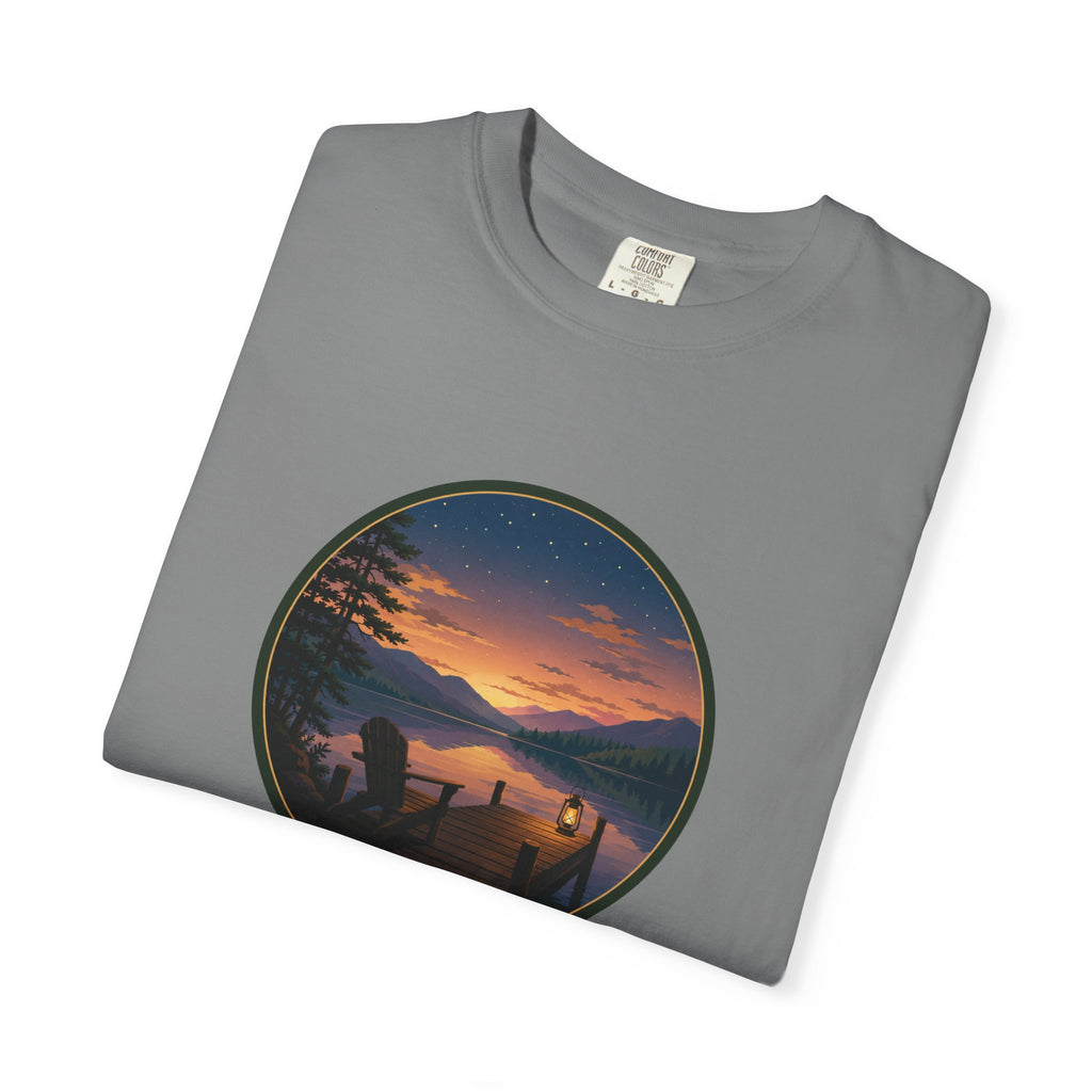 Sunset Lake Camping T-Shirt — Scenic Mountain Lantern Graphic