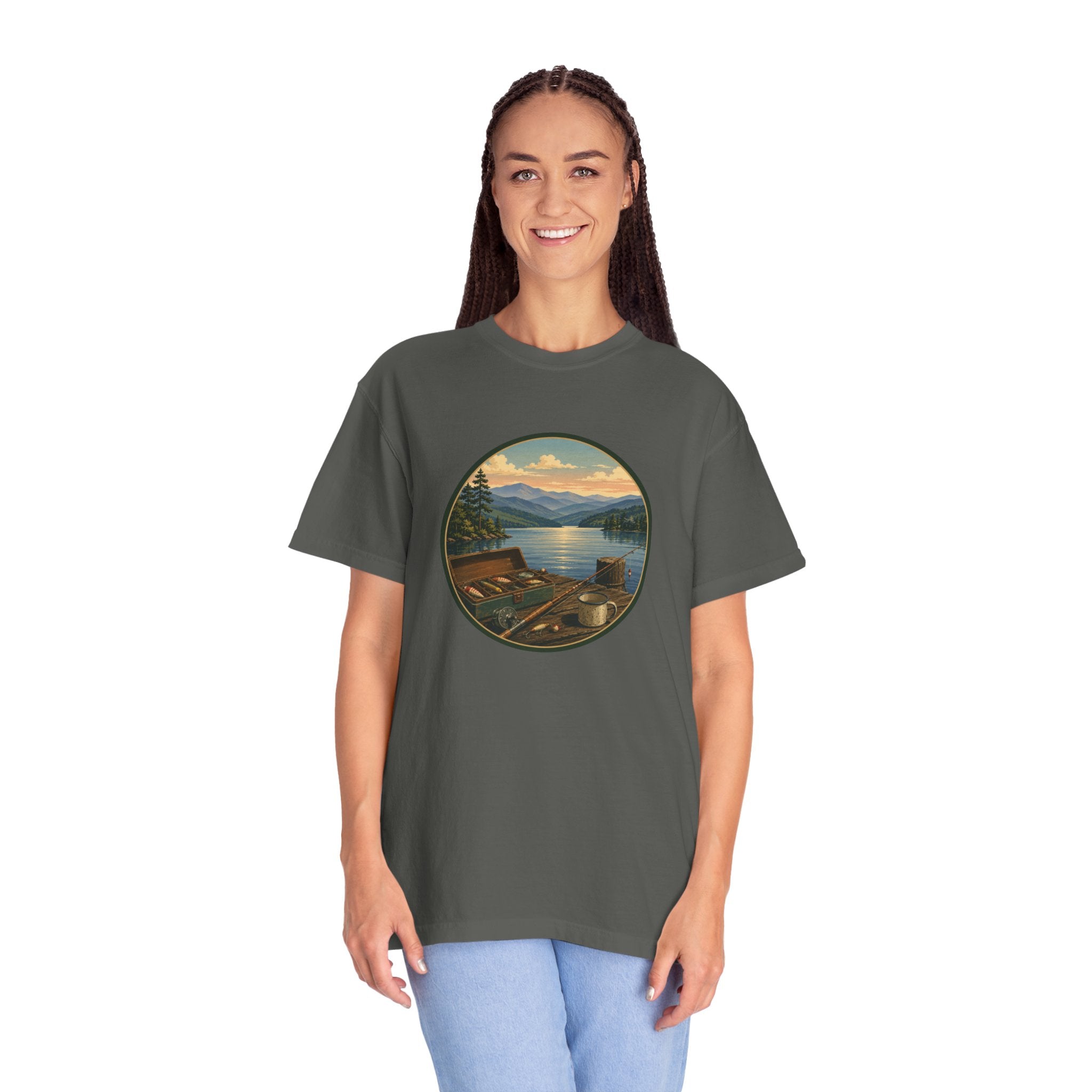 Vintage Fishing Tackle T-Shirt — Mountain View Dock Scene Tee