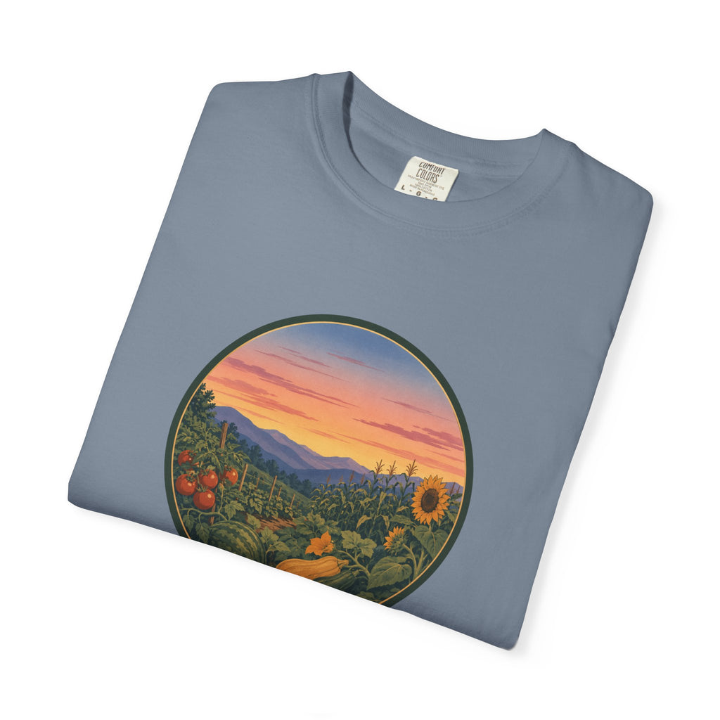 Sunset Mountain Garden T-Shirt — Scenic Fresh Vegetables Landscape Tee