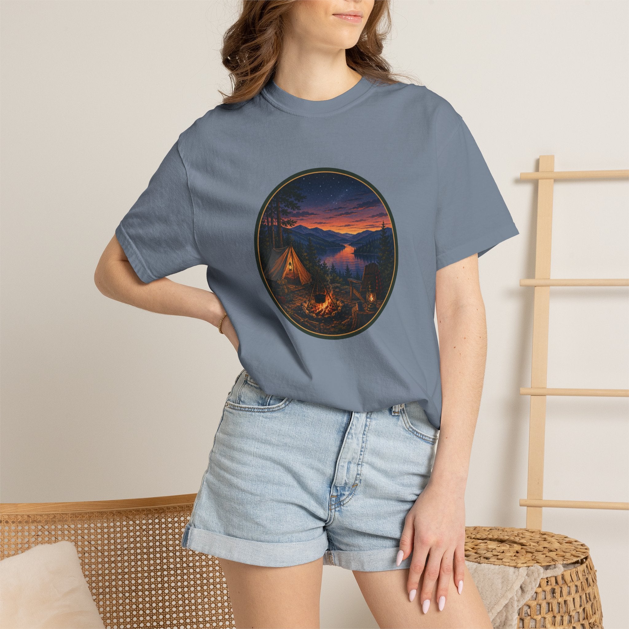 Camping Sunset T-Shirt — Riverside Campfire Night Scene