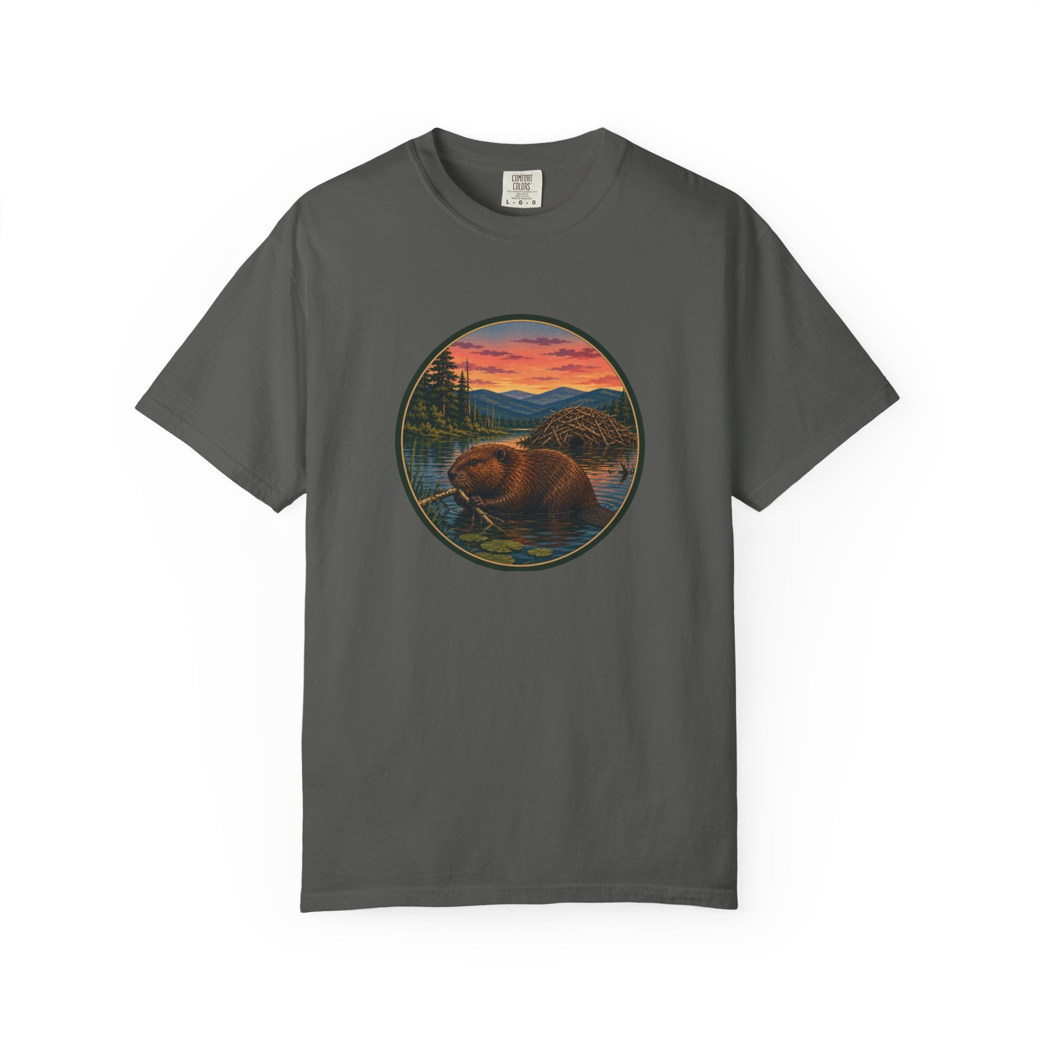Beaver Sunset T-Shirt — Mountain Lake Wildlife Graphic Tee