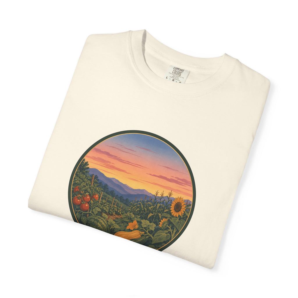 Sunset Mountain Garden T-Shirt — Scenic Fresh Vegetables Landscape Tee