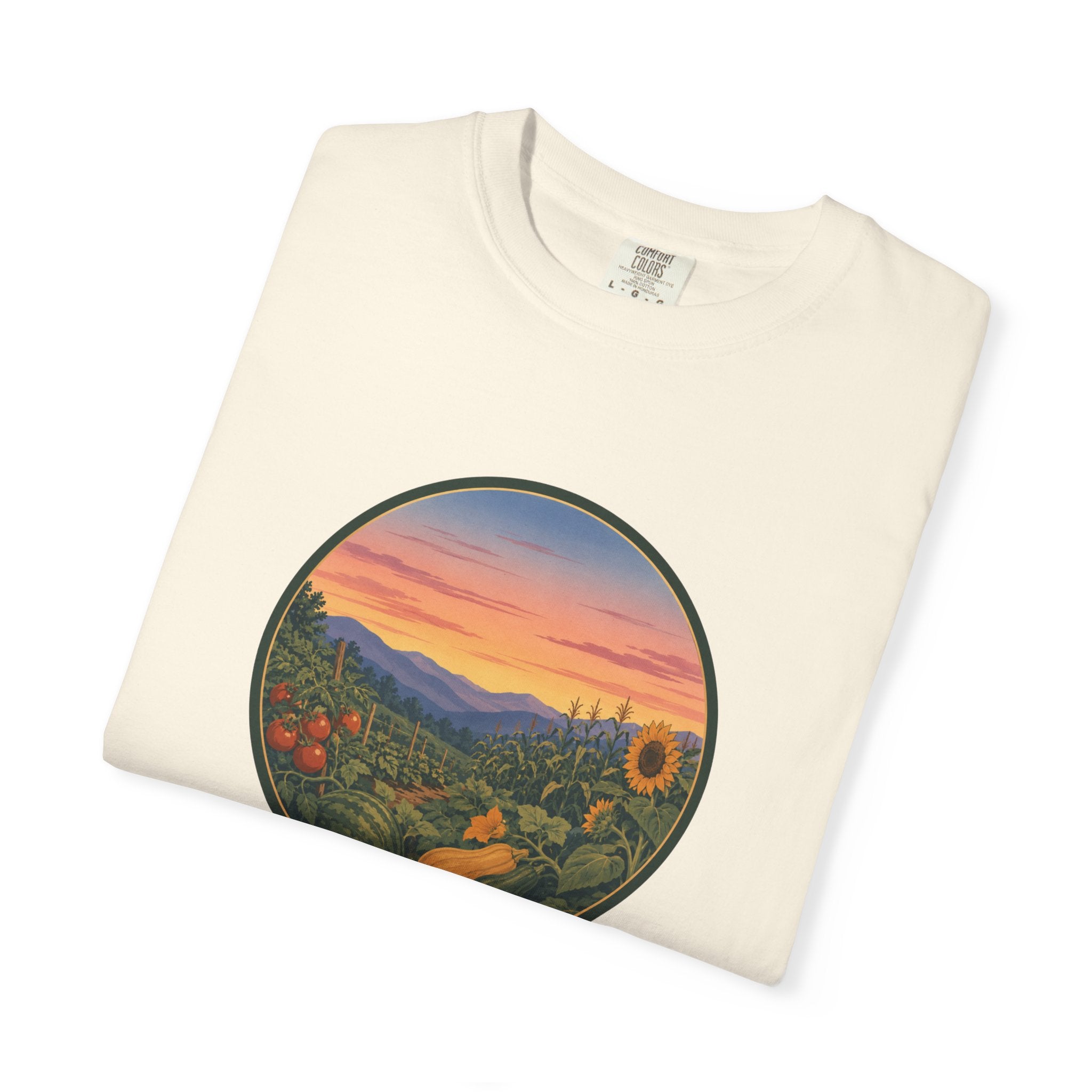 Sunset Mountain Garden T-Shirt — Scenic Fresh Vegetables Landscape Tee