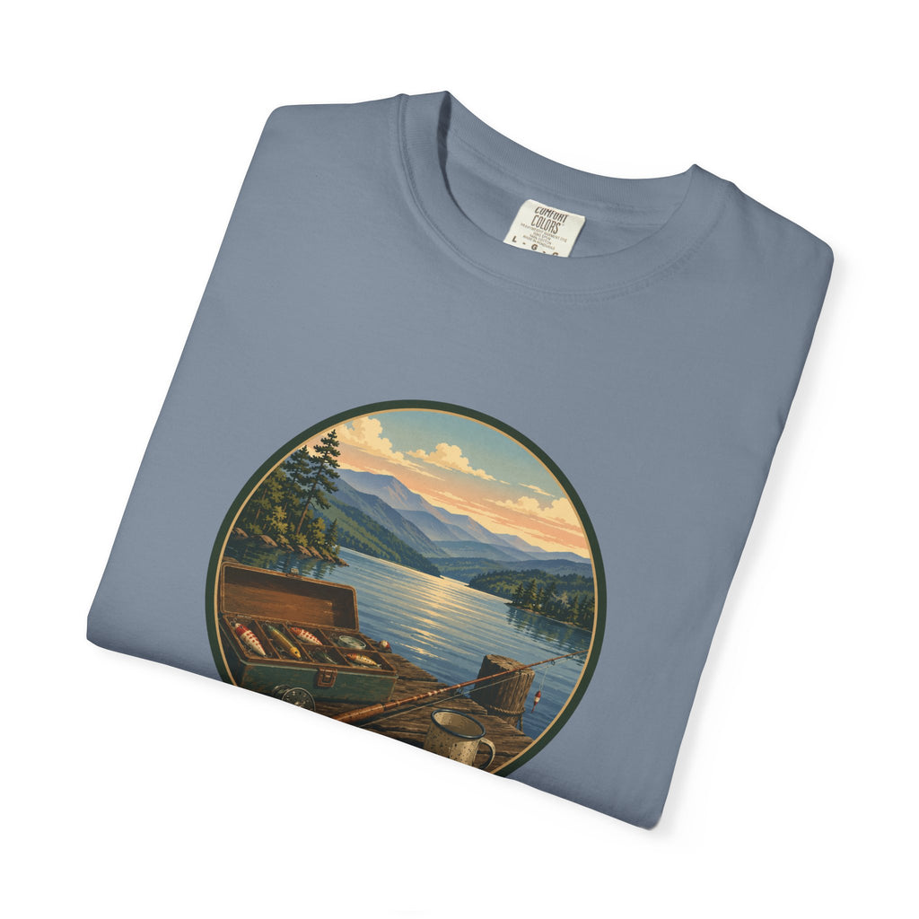 Vintage Fishing Tackle T-Shirt — Mountain View Dock Scene Tee