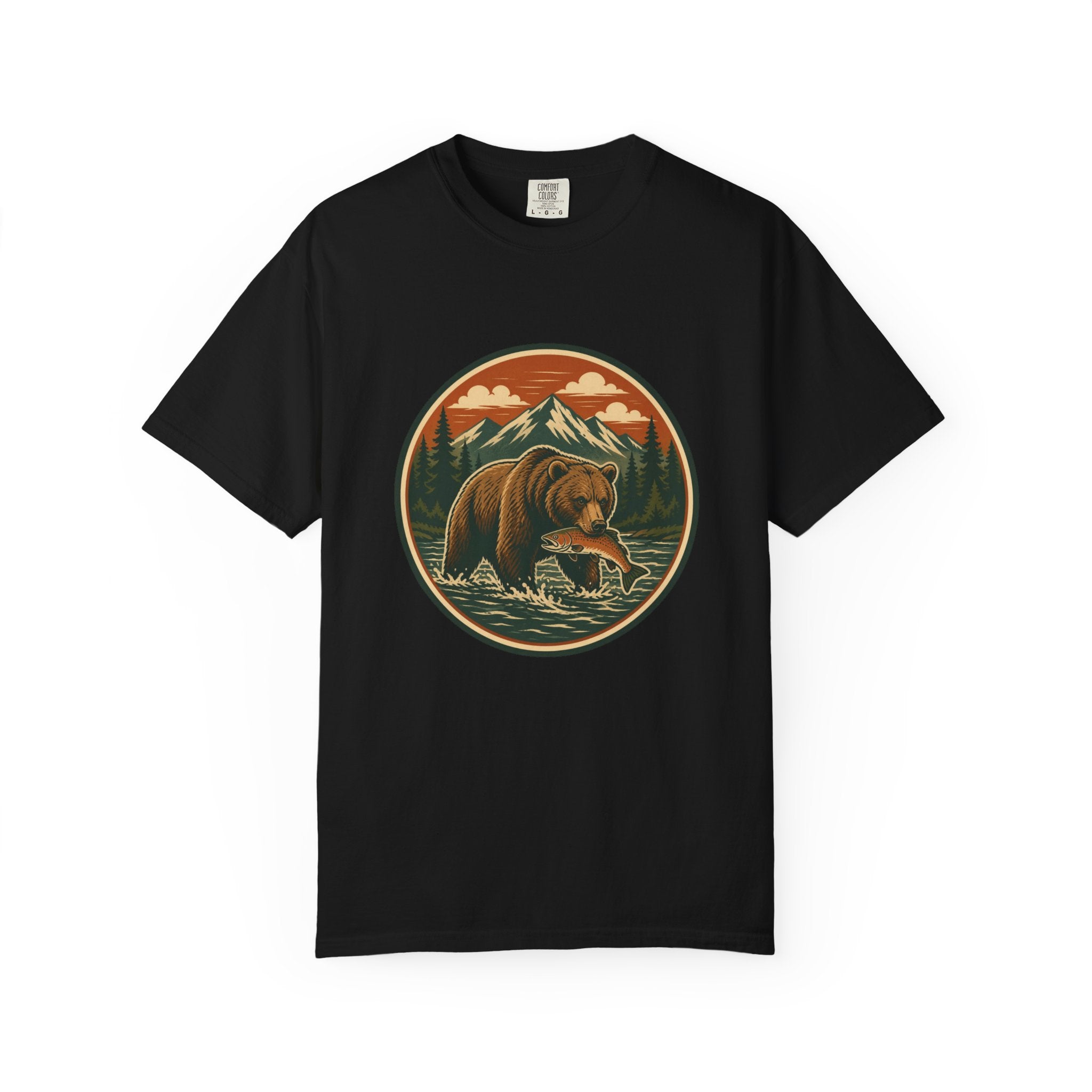 Bear Fishing Mountain T-Shirt — Retro Wilderness Outdoor Graphic Tee