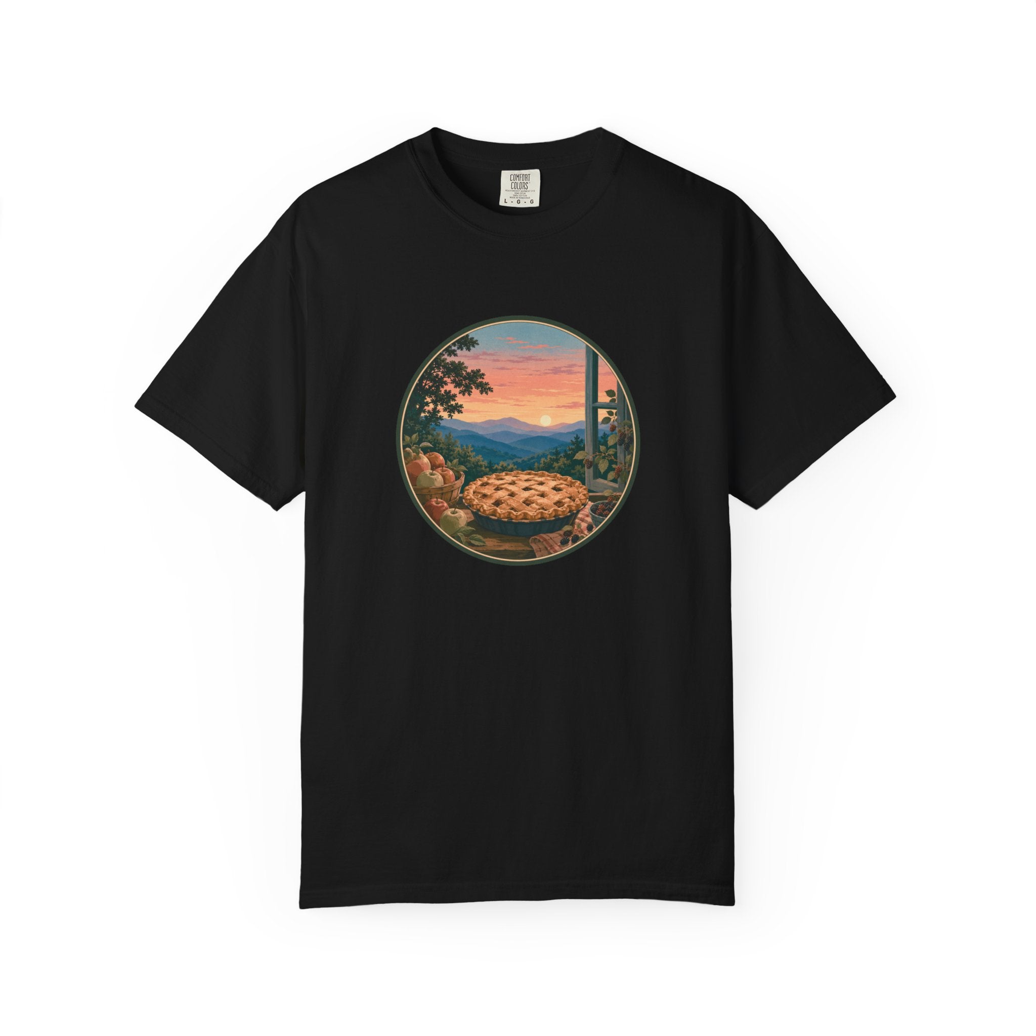 Scenic Pie Window T-Shirt — Sunset Mountain View Graphic Tee