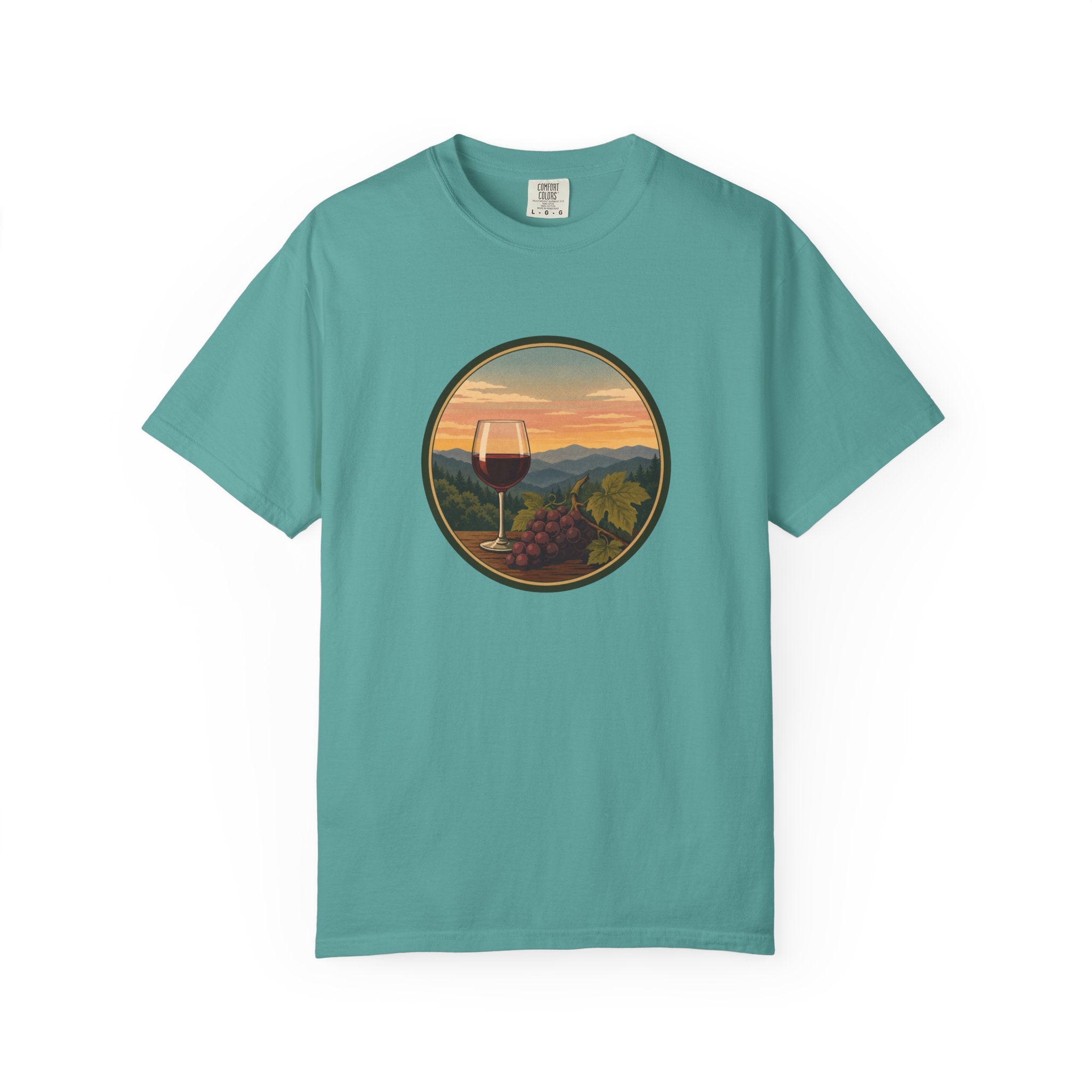 Wine Sunset T-Shirt — Vineyard Glass & Grapes Scenic Tee