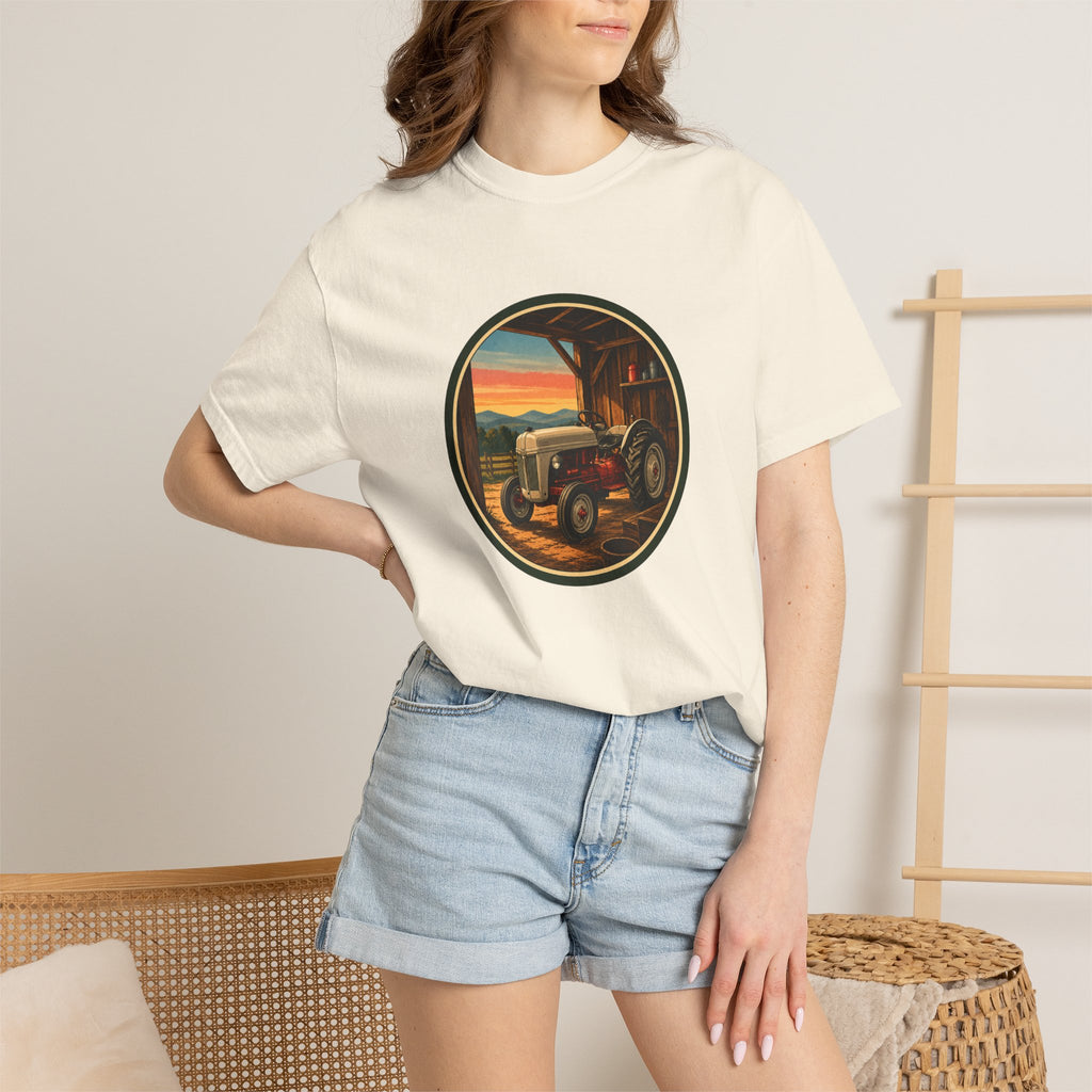 Vintage Tractor Circle T-Shirt — Rustic Farmstead Sunset Tee