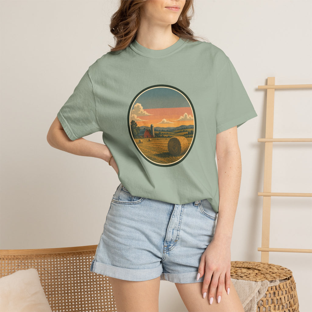 Sunset Hayfield T-Shirt — Vintage Farm Landscape Tee