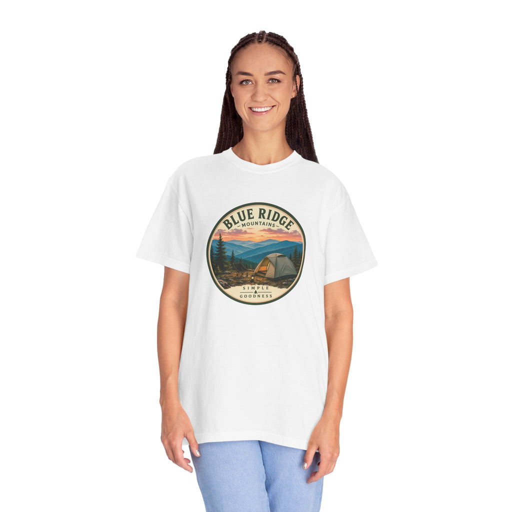 Blue Ridge Mountains Camping T-Shirt — Vintage Scenic Camp Graphic