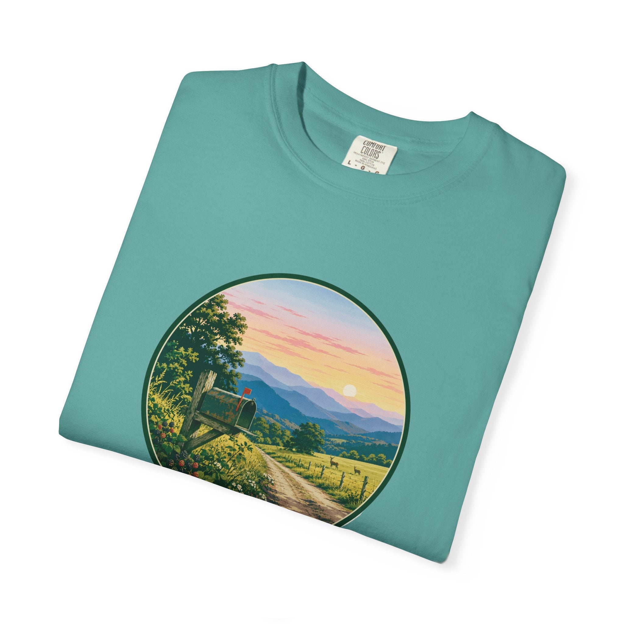Scenic Backroad Sunset T-Shirt — Vintage Mailbox Circle Landscape Tee