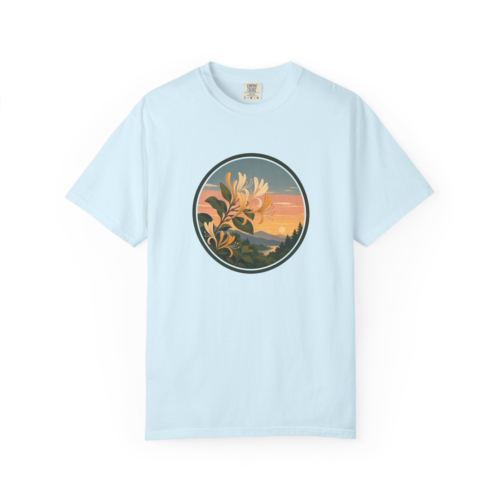 Sunset Honeysuckle T-Shirt — Floral Sunset Circle Graphic Tee