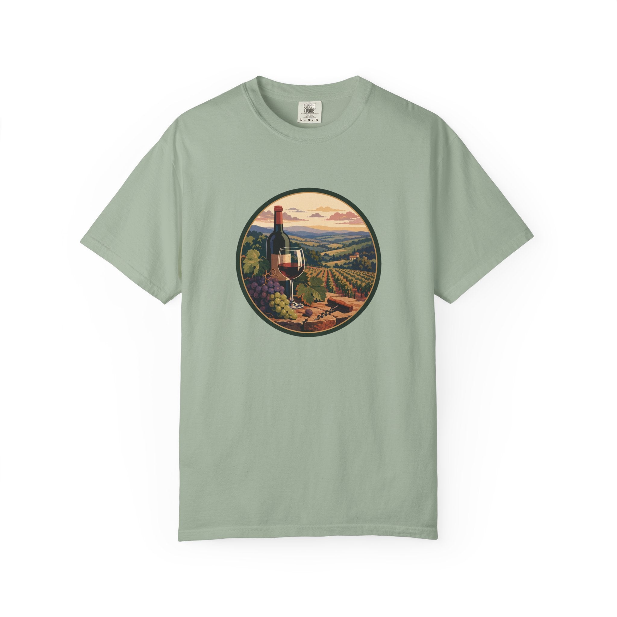 Wine Country Scenic T-Shirt – Vineyard Bottle & Sunset Graphic