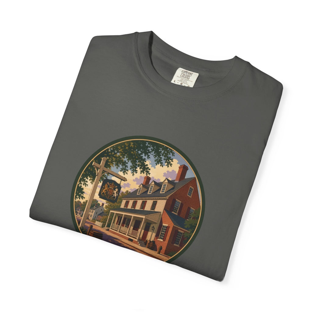 Historic Main Street Tavern T-Shirt — Colonial Village Scene Tee